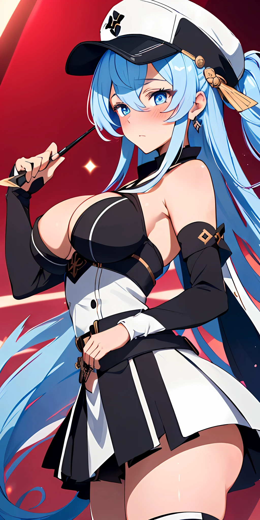 1girl, solo, focalors (genshin impact), focalors hat, , (from front view), (blushing:1.3), (pointed breasts:1.6), pov, masterpiece, highest quality, 8k, blue silver hair, sfwhand on chin, confident look, fontain (genshin impact) background