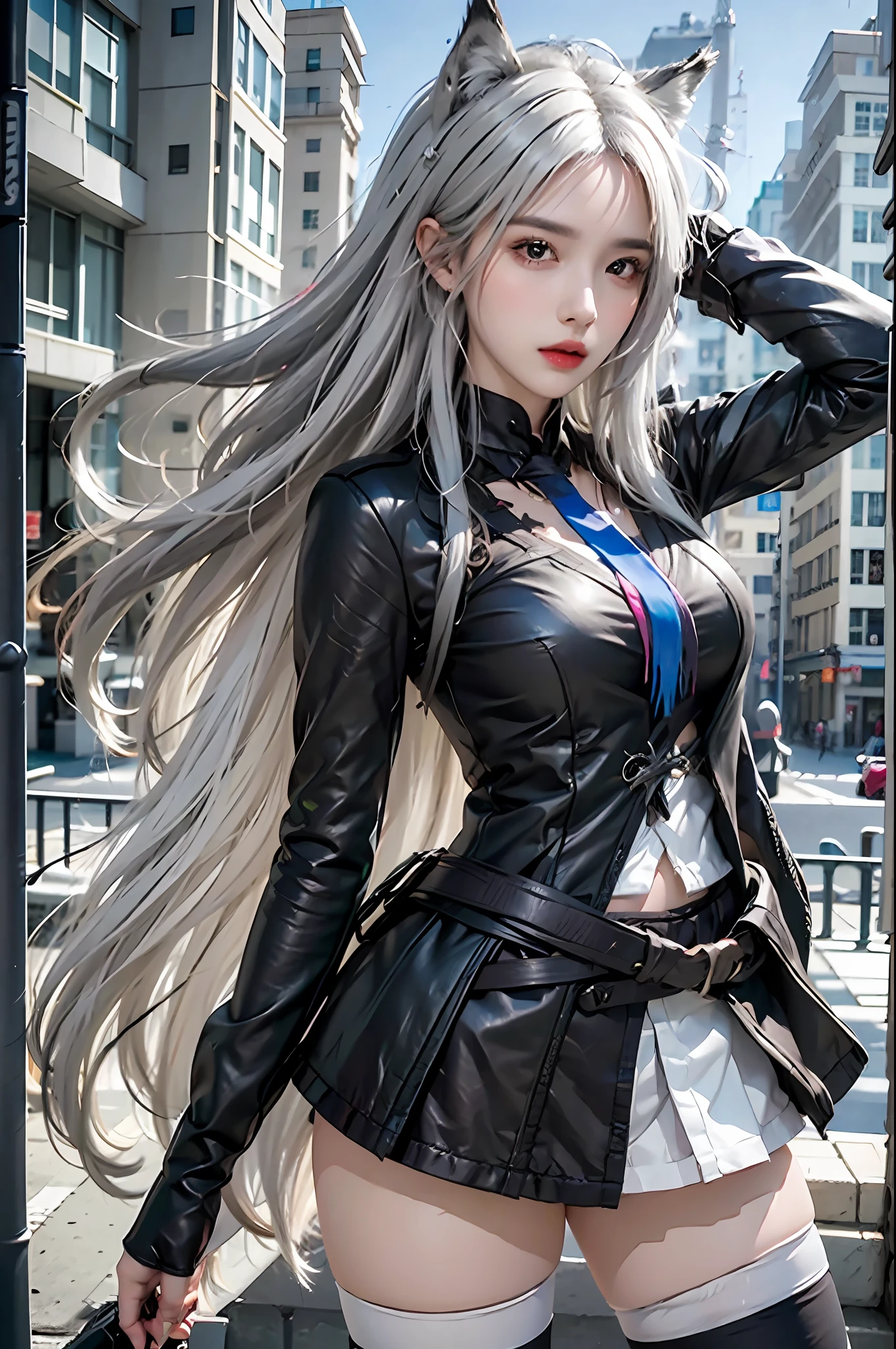 photorealistic, high resolution, 1 girl, white hair, hips up, omertosa, skirt, black skirt, thighhighs, black thighhighs, wolf ears