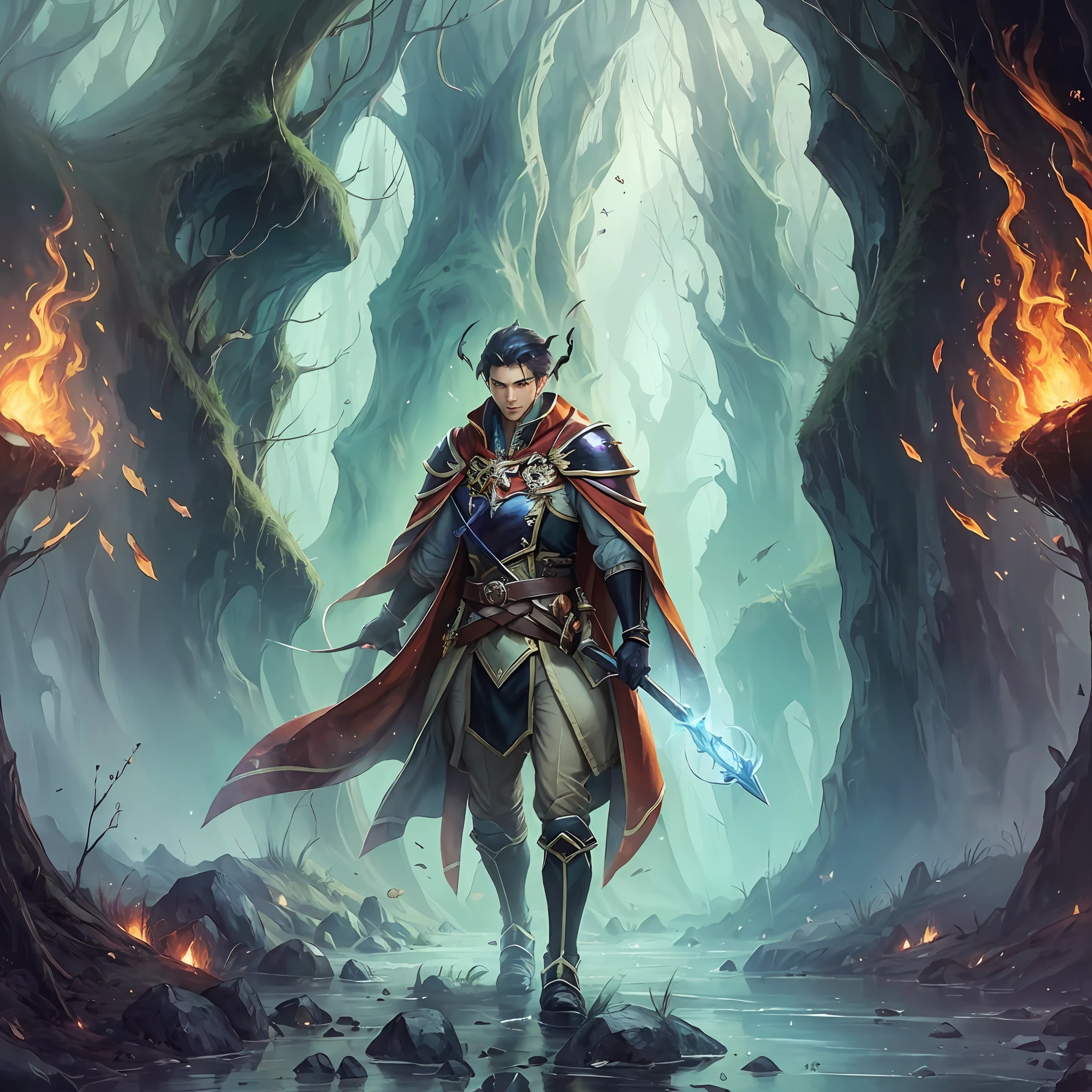 masterpaintings,optimal quality,(magic world),Young magician,in long hogwarts robes,Burgundy cape,holding wands,Black dragons soaring in the sky,Lead an alliance army of races on a dangerous and difficult expedition,Across a dense forest,Walk through treacherous swamps,Climb majestic peaks,Above a mysterious forgotten place,There is a huge cave surrounded by magic arrays。dynamic compositions,high resolucion,Vivid colors and dramatic lighting,Enhanced the magical atmosphere