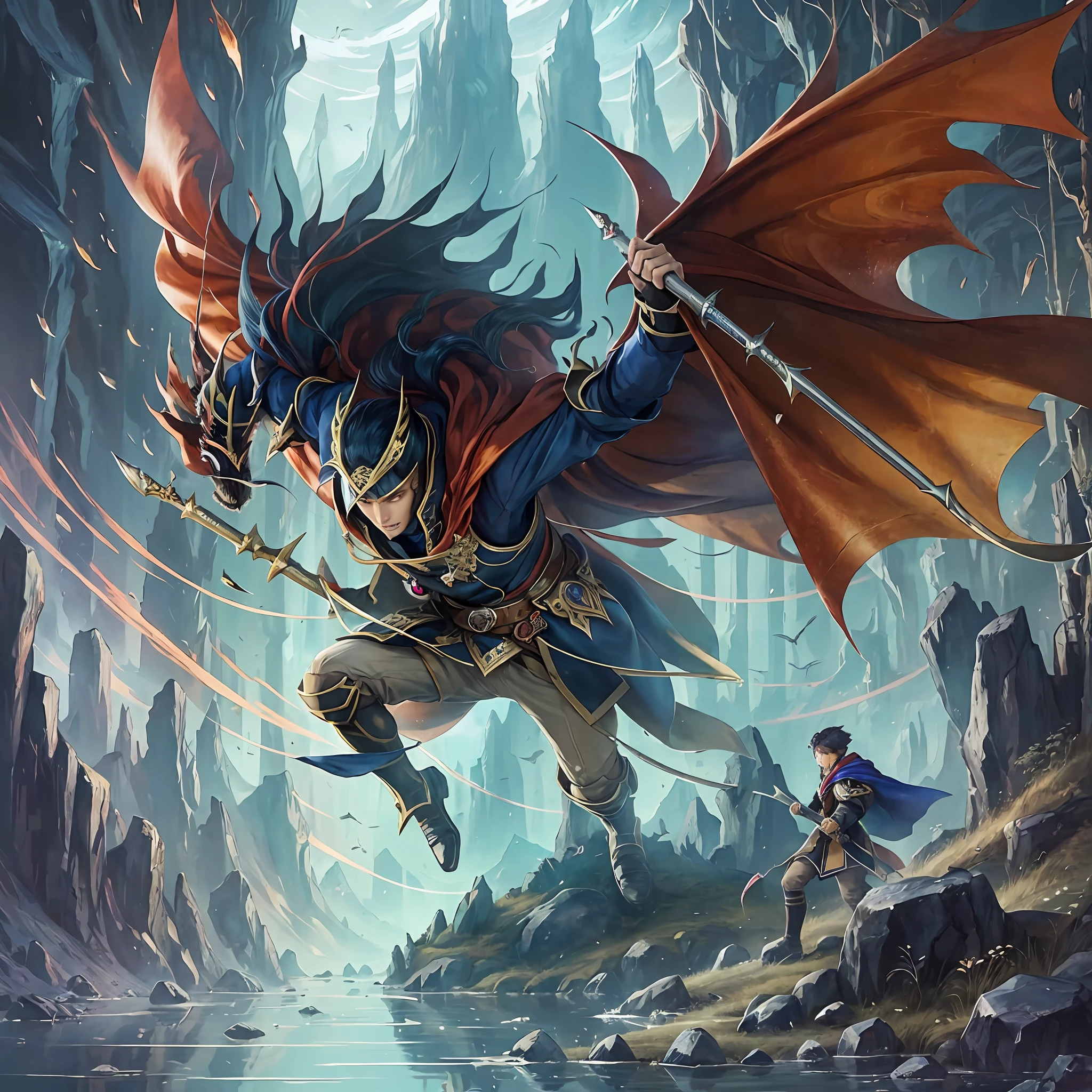 masterpaintings,optimal quality,(magic world),Young magician,in long hogwarts robes,Burgundy cape,holding wands,Black dragons soaring in the sky,Lead an alliance army of races on a dangerous and difficult expedition,Across a dense forest,Walk through treacherous swamps,Climb majestic peaks,Above a mysterious forgotten place,There is a huge cave surrounded by magic arrays。dynamic compositions,high resolucion,Vivid colors and dramatic lighting,Enhanced the magical atmosphere
