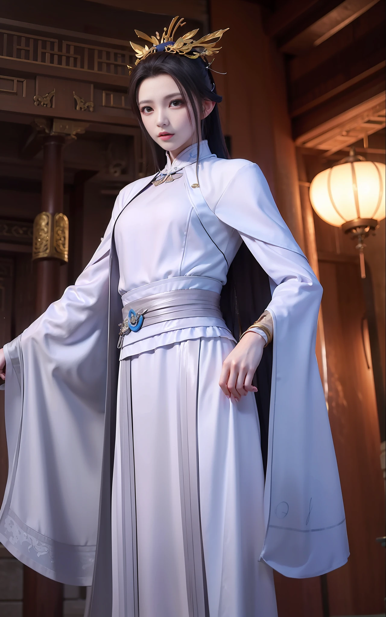 Wuxia，White robe white，length hair，Ancient buildings，Deep mountains