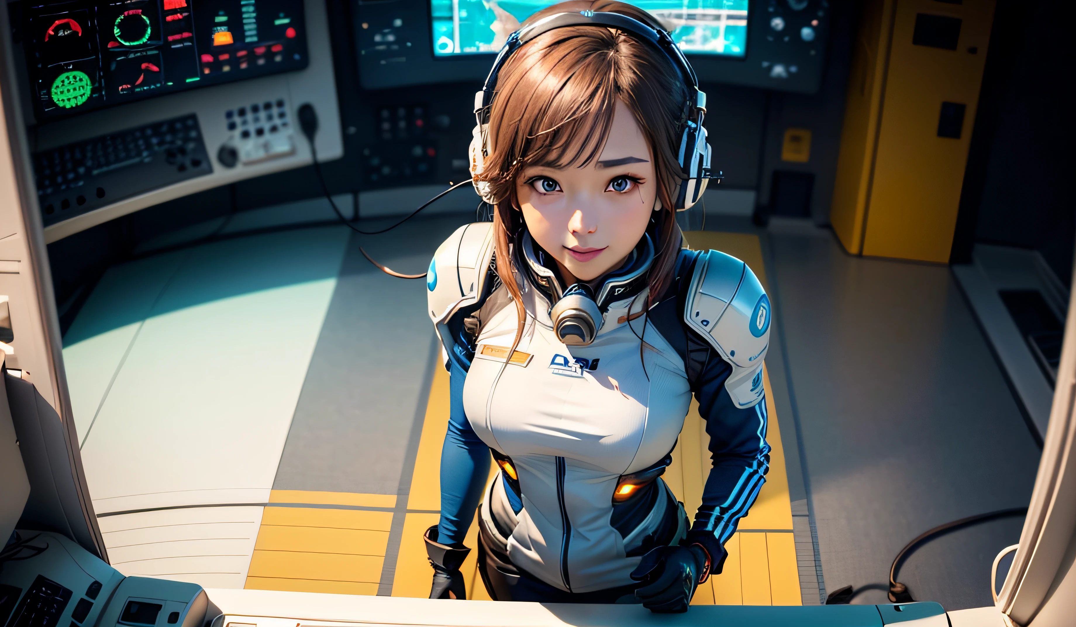 (A masterpice、最好质量、Top resolution、Distinct_image、Detailed details、portlate。Angle from above): (独奏、Lone Girl、Japan Faces、short-cut、Brown-haired girl、Whole human body、(the perfect body:1.4)、cuteness、a Pretty、Glittering blue colored eyes、Pilot suit in white and blue colors、Tight Fit Clothing、Clothing that covers the whole body、extreamly delicate and beautiful、detailed skins、Slim body、exoskeleton、lightl smile、heroine、headset on head、long boots、Facing the front、staring the viewer、Kindness、gloves)、(Inside the spacecraft、Communications Equipment、controller、cockpit、Maneuvering the Vehicle