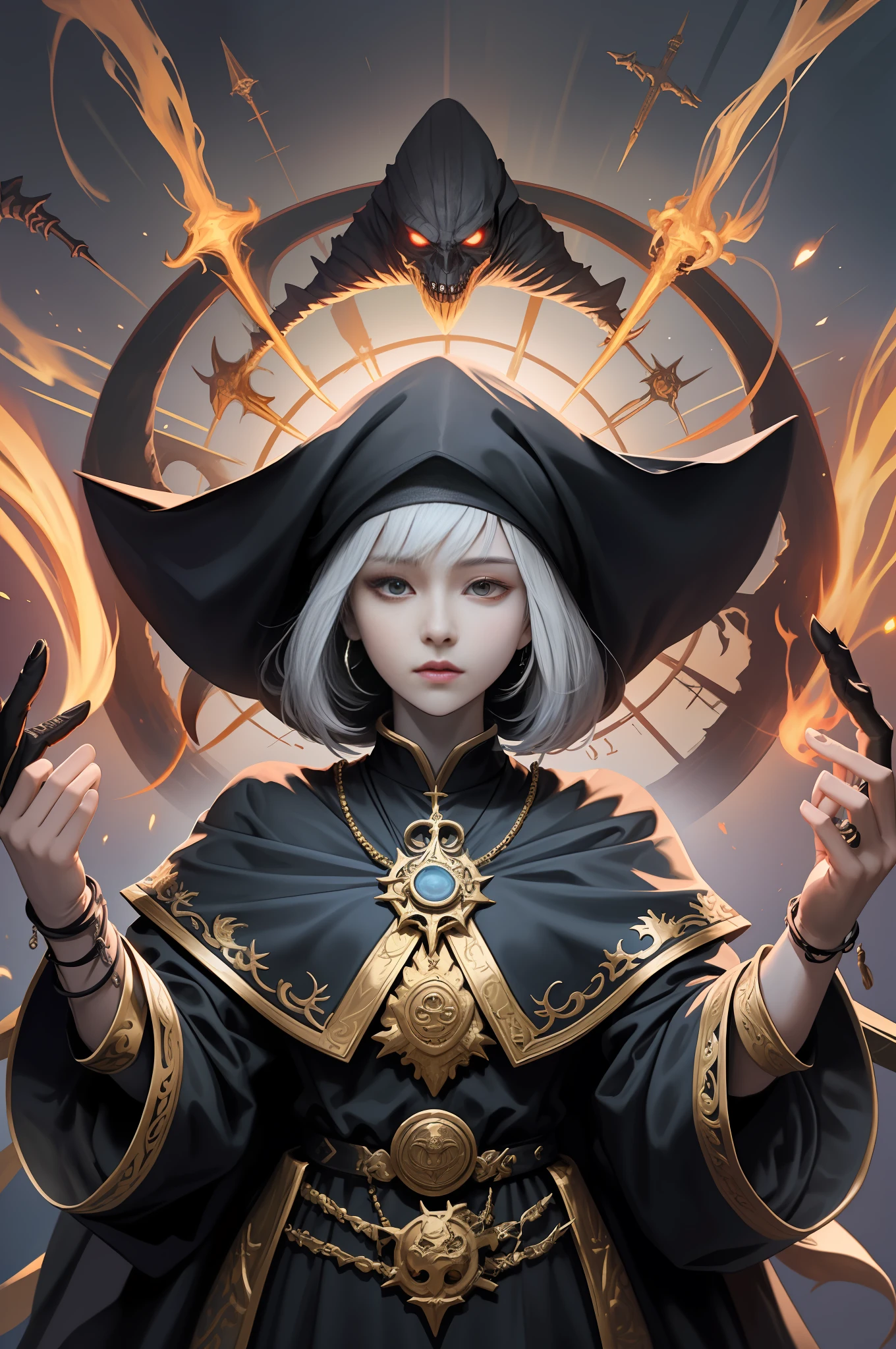 high picture quality、highly quality、A masterpice、surrealism、occult。Evil priest in black robes。tao1ten mens、Adults、Black Altar。A tall、Behind the slender priest、An evil monster shaped like a summoned mollusk is attacking the priest。Male Focus