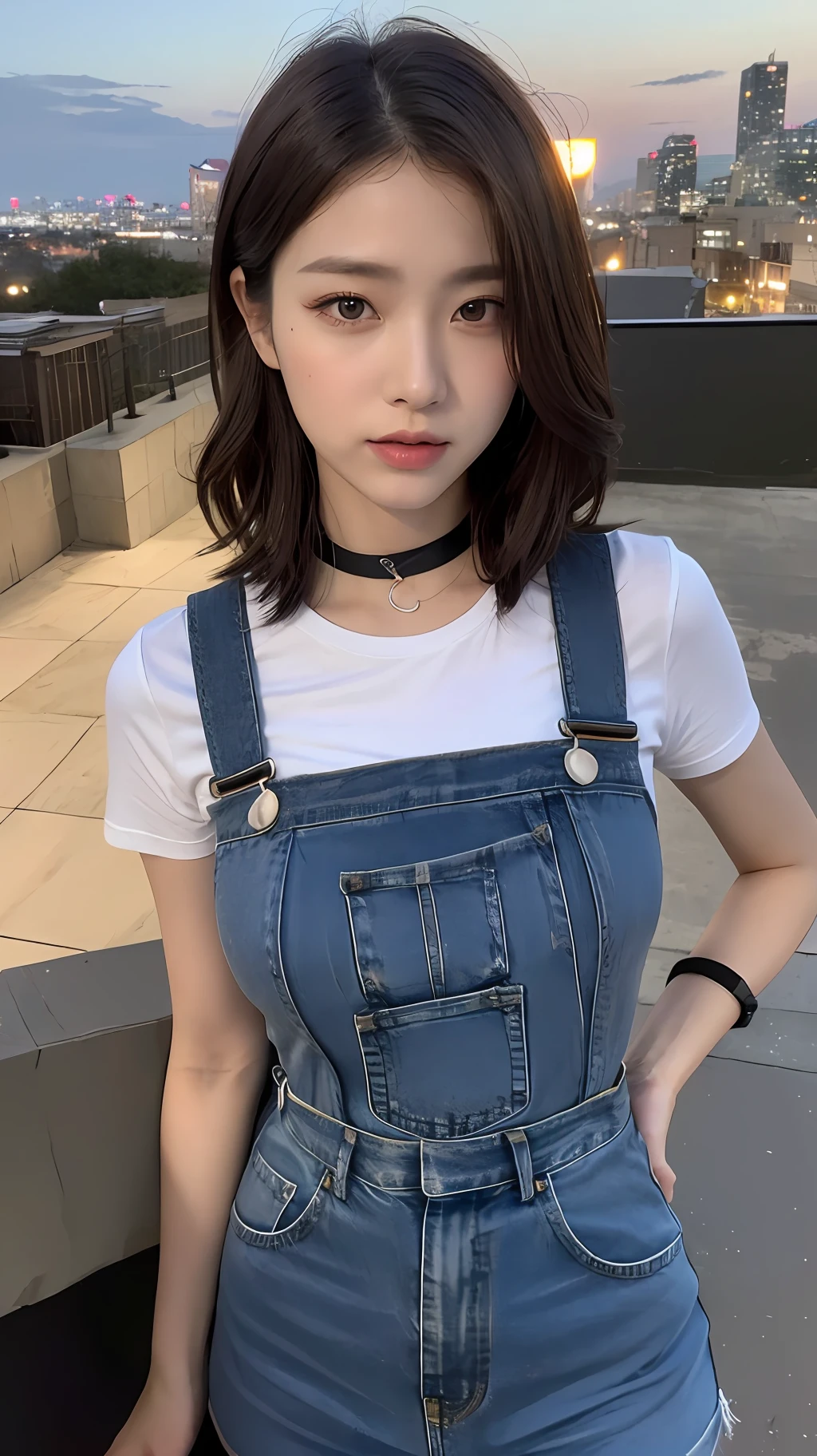 ((midynight, need, 8K, masterpaintings:1.3)), Whole human body, Long legs, Focalors:1.2, perfect figure beautiful woman:1.4, Slim abs:1.1, ((Dark brown hair, Large big tits:1.2 )), (Purple tight T-shirt, Denim suspenders, to stand:1.2), ((city night scene, roof top:1.3)), Highly detailed facial and skin texture, detailed eye, 双眼皮