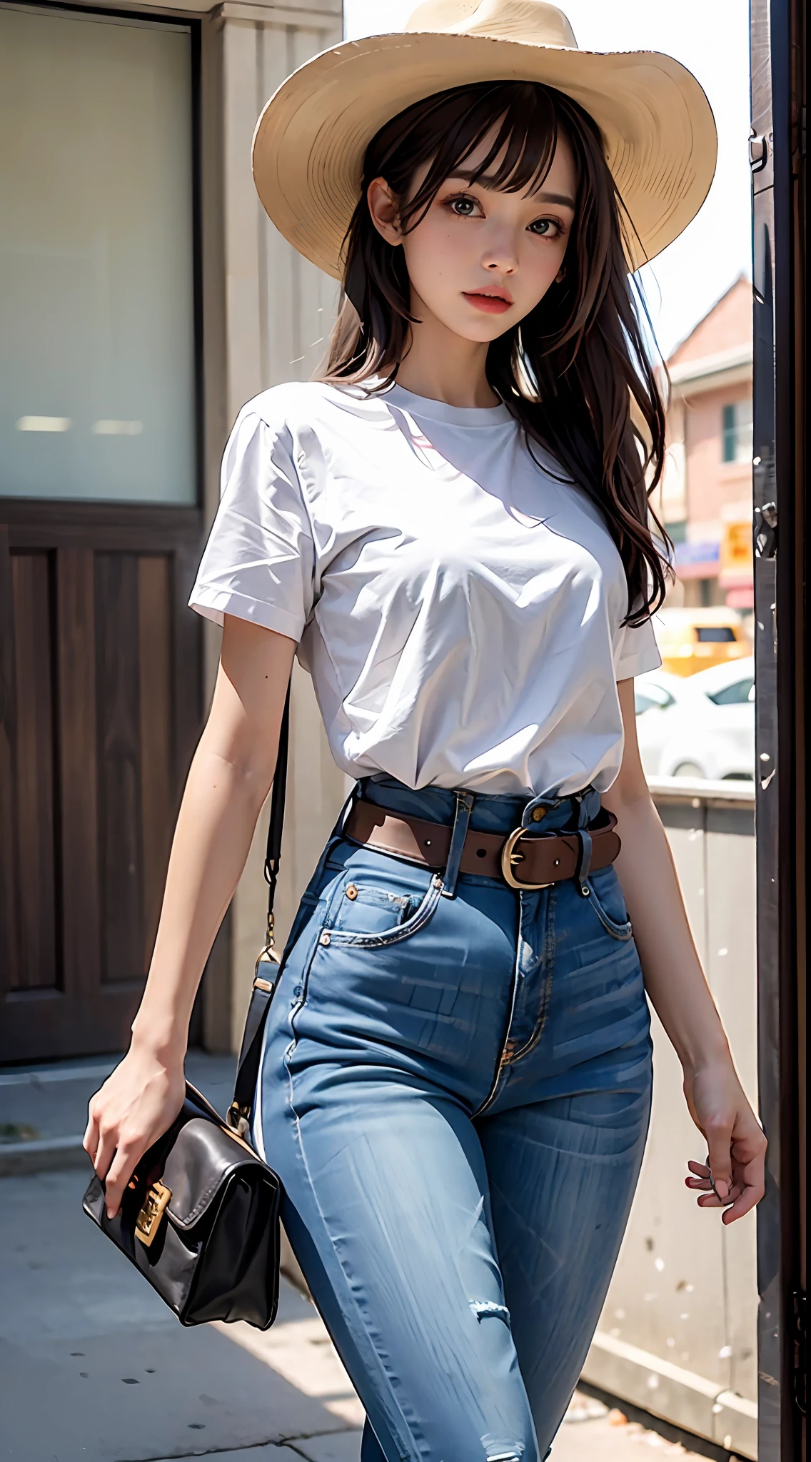 optimal quality，masterpaintings，ultra-high-resolution，（fidelity：1.4），Original photo，A small town in the American West in the 18s，Western denim style，Air bangs，1 young girl，waist belt，leather whip，Loose white shirt，Cowboy hat，Denim pants， ponytailhair, curtained hair,  side swept bangs, aqua eyes,