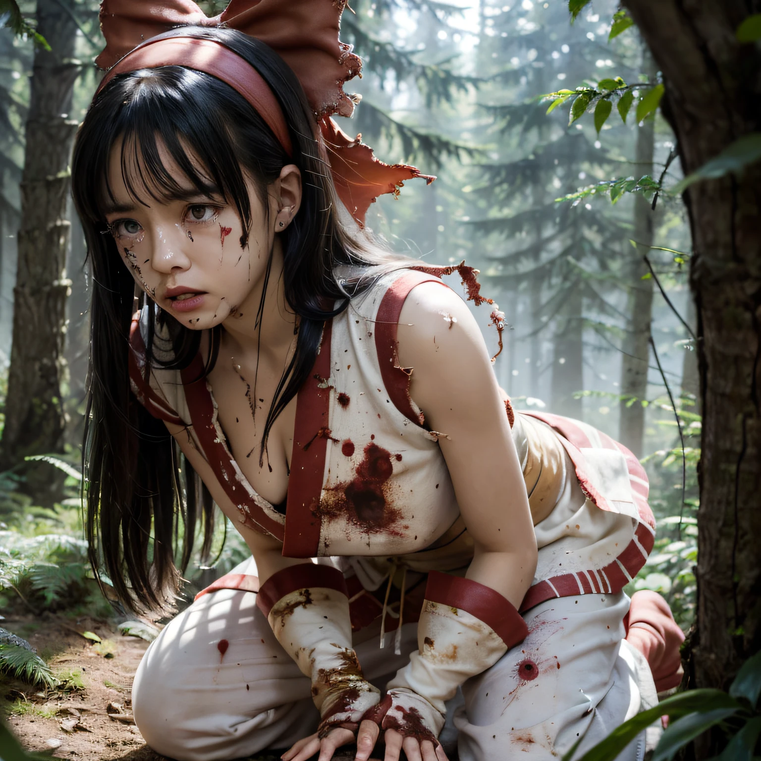 (Master masterpiece), (Raw photography、the best quality), ultra-high-resolution, Professional artwork, superdetailed, intrikate, details face, Perfect Lighting, (1 Girl、独奏:1.2)、Nakoruru、length hair, Red bow, bow, Blue Eye, black har, arma, ainu clothes, Hair Bow, Hair Band, reverse grip, ngel, Underpants,  gloves, extra very long hair, looking at the viewers, poneyTail, Whole human body、Underarms、Naked foot, cleavage of the breast、Sleeveless, Fingerless gloves, in a kimono, obi,(perfect hand:1.5)、(Perfect_Anatomy:1.2)、Octane Render、(Crying、weak and tired eyes、Tears:1.2),(Bruises and blood stains on the face and body、blood flowing from head and face、injuries on body、Damage、Wounds and cuts、bleeding lips:1.3),(Torn clothing、Tattered clothes:1.5)、(Kneeling weakly:1.2)、 (in woods)、tousled hair、Tired and weak face、(Perfect Body、flawless、perfect thighs)、((Blood stains on clothes、bloody skin:1.3))、(Film lighting)、Soft lighting、Complex and cinematic appearance、Cinema tick writing、Dynamic angles