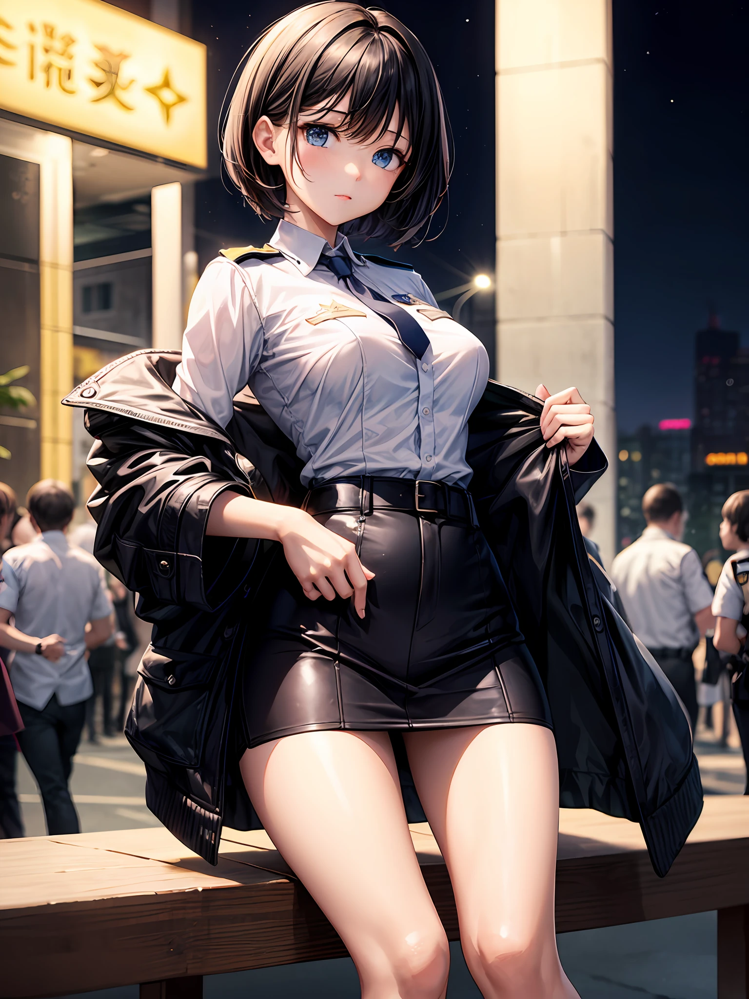 最好质量、One girl、Black hair short hair、Police Officer Cosplay、Open chest、large tits、Constriction、mini-skirts、Black Long Socks、beauty legs、fair complexion、Blue eyes、Small face、thights、cute expression、by night、No people、oras、Background blur
