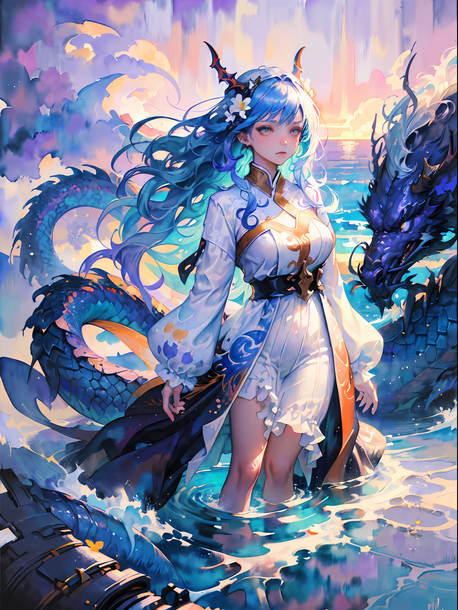 (masterpiece, top quality, best quality,1girl, long hair, (glowing:1.15), (team:1.1), (flowers:1.15), (monarch:1.05),Long coat,surrounded by huge Chinese dragons,dragon open mouse,1girl,solo,light_blue_hair,liquid hair, long hair,floating hair, standing,sundress, liquid clothes, water,waves, tsunami,tide,sea,water dress,fantasy, high contrast,explosions, over exposure, purple and red tone impression , abstract, ((watercolor painting by John Berkey and Jeremy Mann )) brush strokes, negative space,,