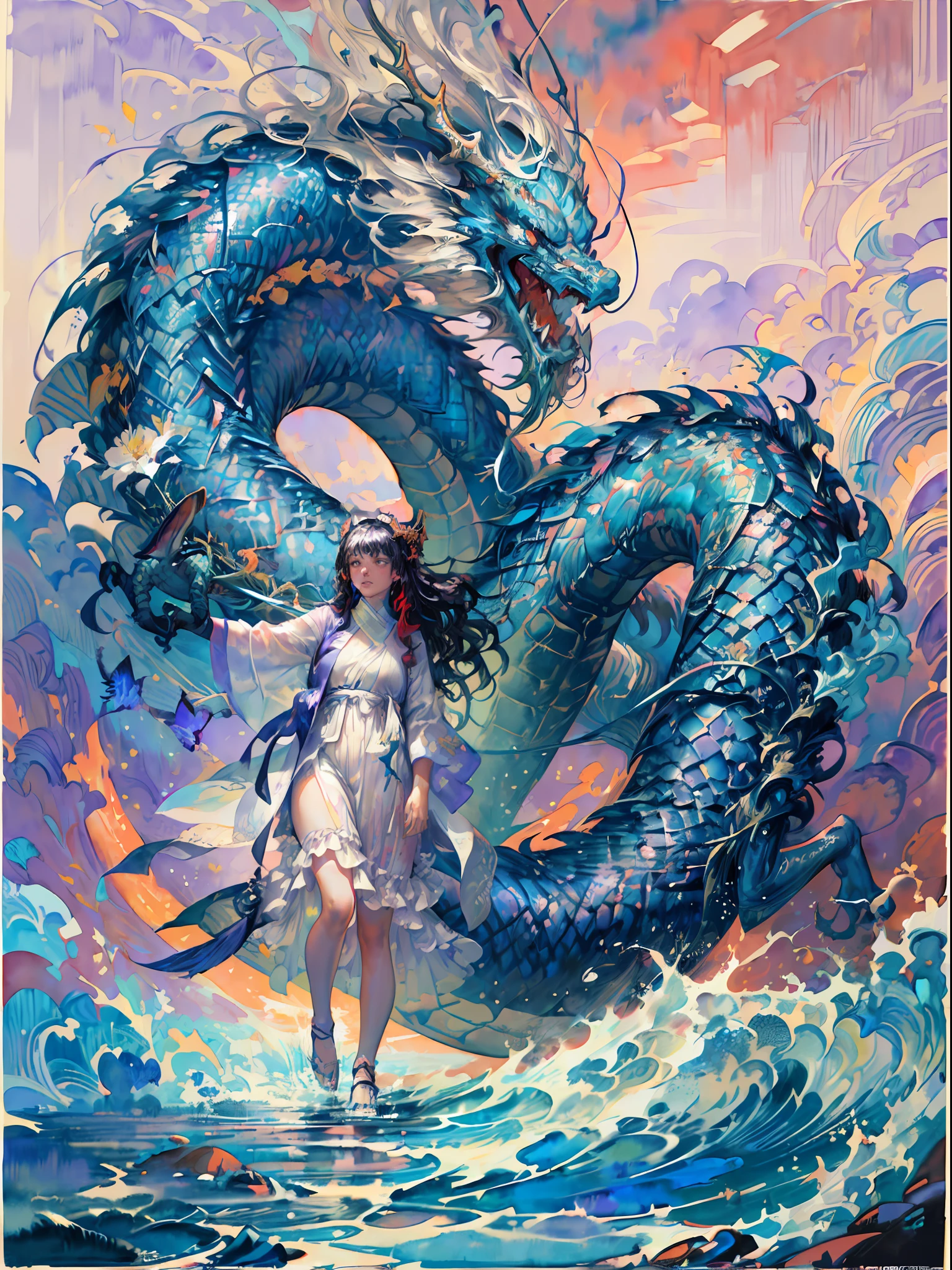 (masterpiece, top quality, best quality,1girl, long hair, (glowing:1.15), (team:1.1), (flowers:1.15), (monarch:1.05),Long coat,surrounded by huge Chinese dragons,dragon open mouse,1girl,solo,light_blue_hair,liquid hair, long hair,floating hair, standing,sundress, liquid clothes, water,waves, tsunami,tide,sea,water dress,fantasy, high contrast,explosions, over exposure, purple and red tone impression , abstract, ((watercolor painting by John Berkey and Jeremy Mann )) brush strokes, negative space,,