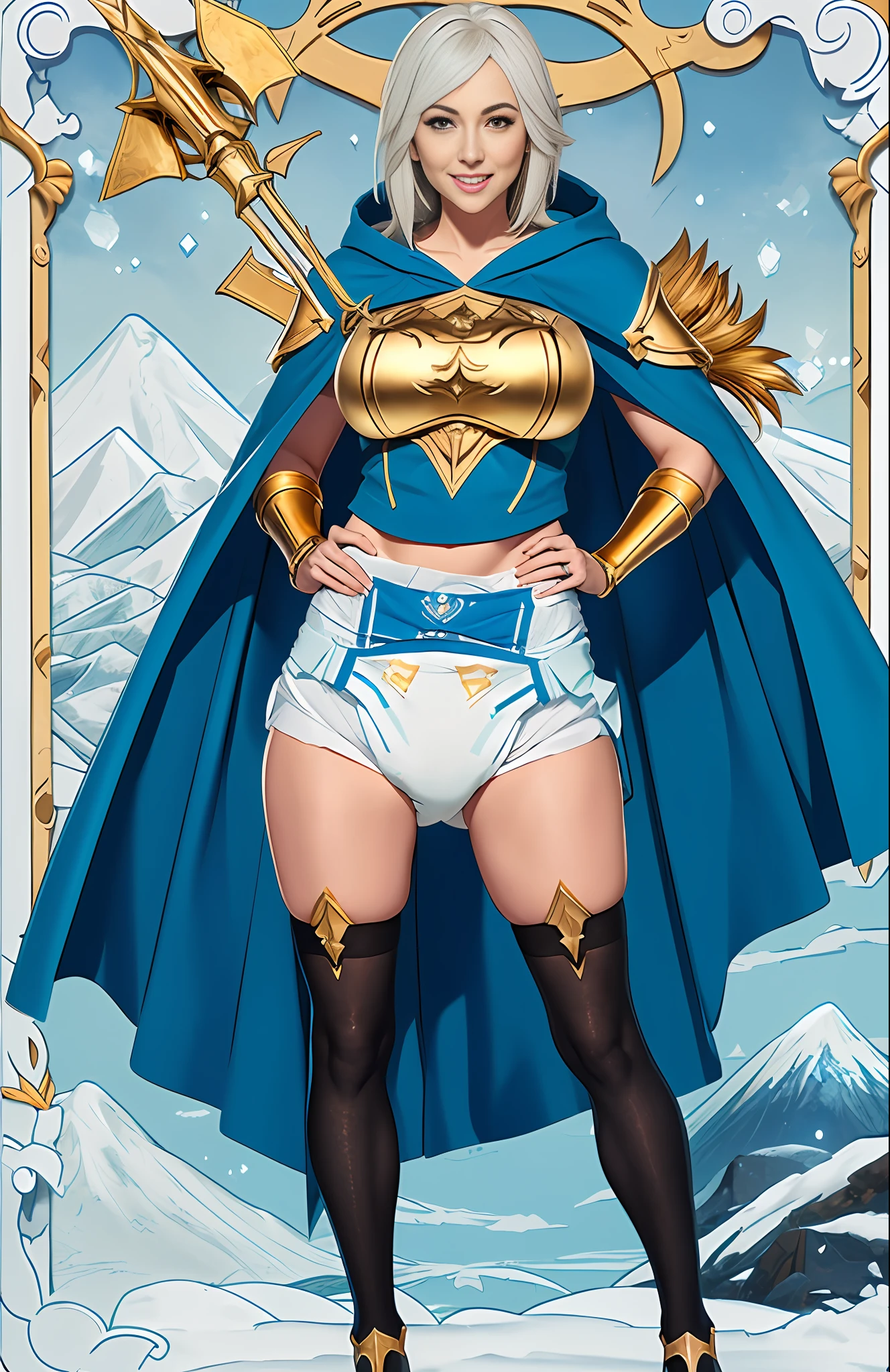 ((Ashe)), (League), Freljord, Summoner's Rift, Riot Games, League of Legends, Frost Archer, (gold and blue trim clothes), (white hair), (blue cape), (blue hood), (blue miniskirt), (blue stockings), (exposed thighs), (gold trimmed clothes), (gauntlets), snow, mountains, cold, sexy, wearing a ((big diaper)), (big breasts), (wide hips), grinning, ((mommydom)), erotic