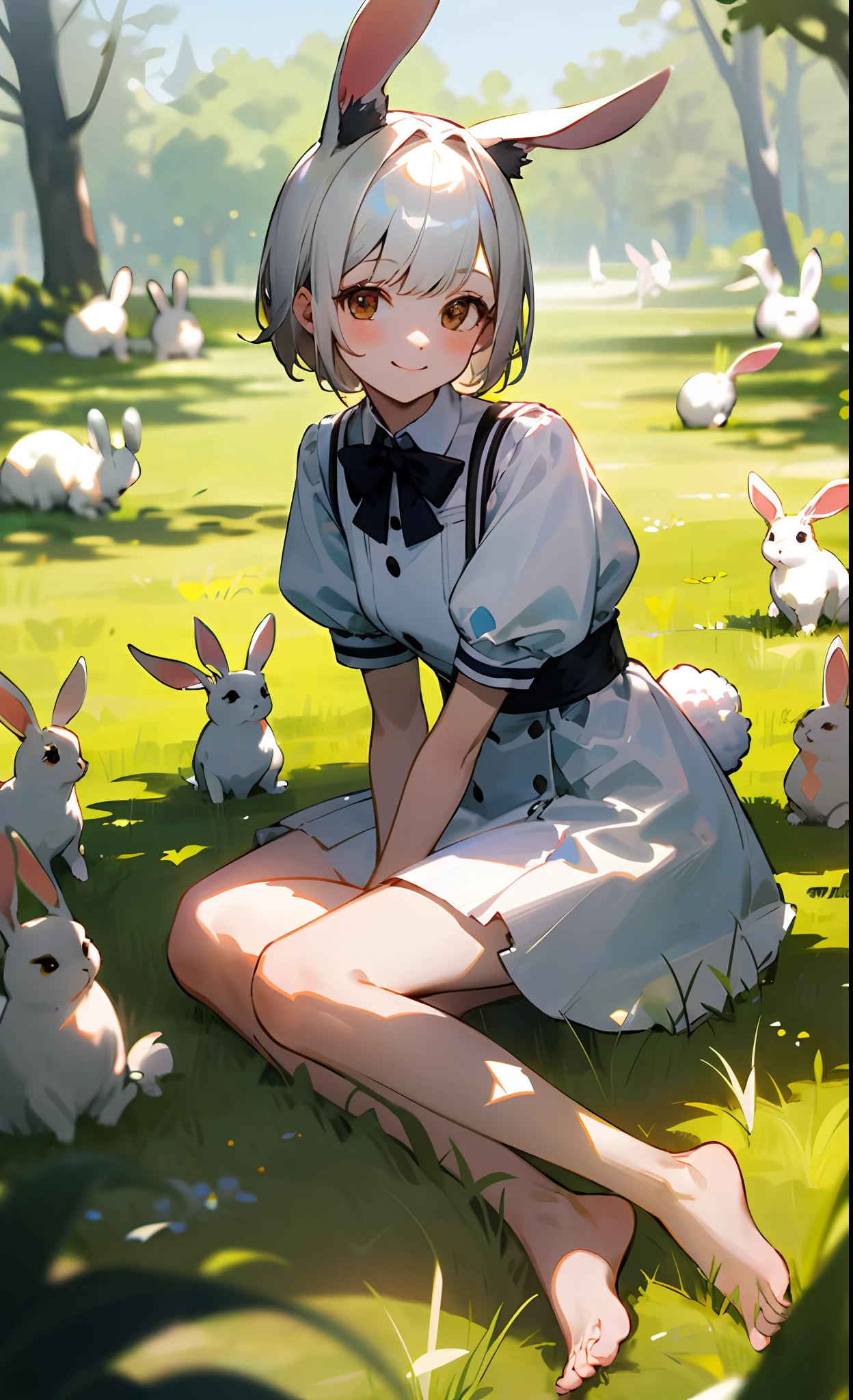 ((masterpiece,best quality)),1girl, solo, animal ears, rabbit, barefoot, knee raised, skirt, sitting position, rabbit ears, short sleeves, looking at viewer, grass, short hair, smiling, white hair, puff sleeves , outdoors, puffy short sleeves, bangs, on the ground, full body, animal, white dress, sunlight, brown eyes, dappled sunlight, daytime, depth of field