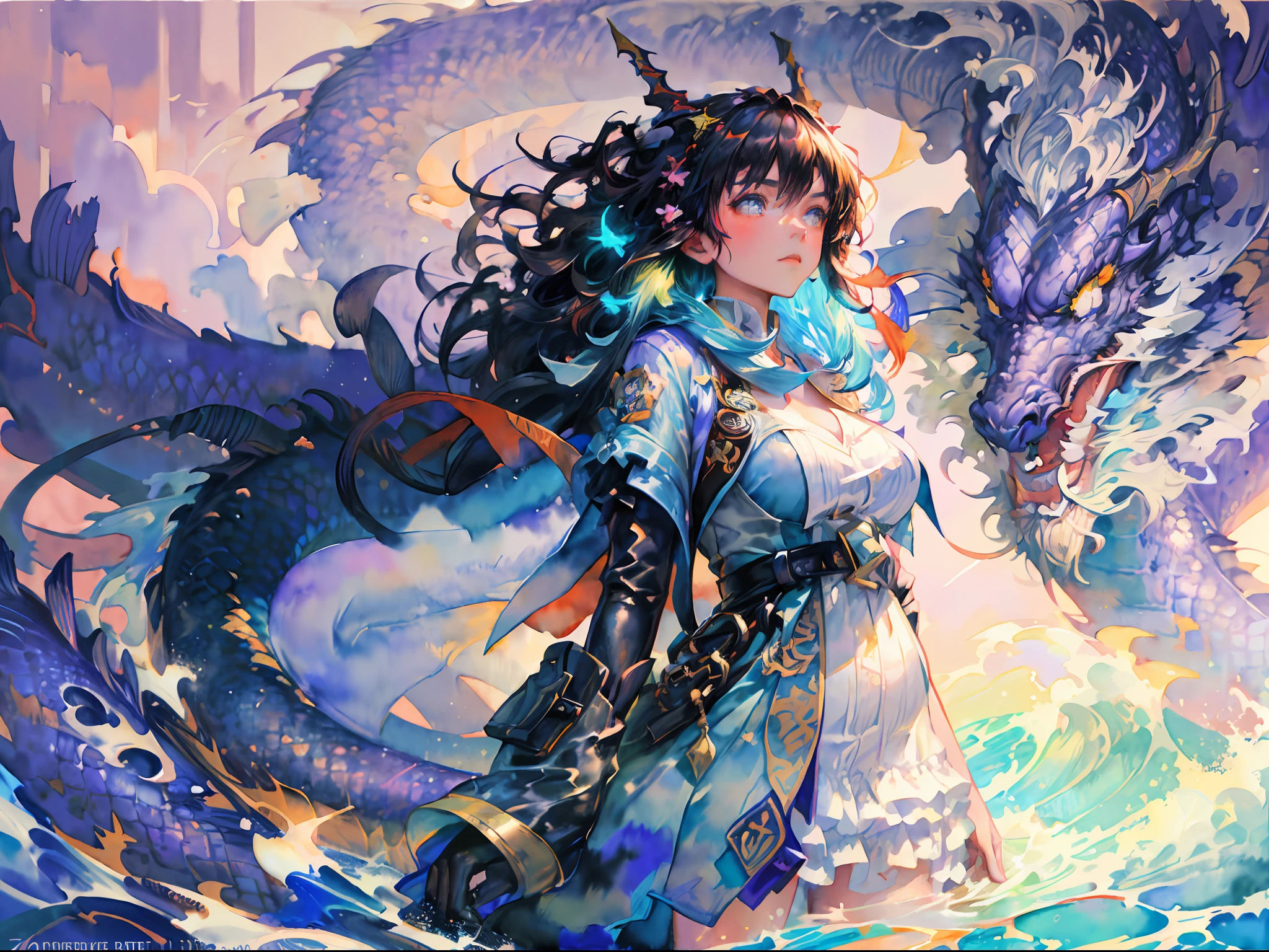 (masterpiece, top quality, best quality,1girl, long hair, (glowing:1.15), (team:1.1), (flowers:1.15), (monarch:1.05),Long coat,surrounded by huge Chinese dragons,dragon open mouse,1girl,solo,light_blue_hair,liquid hair, long hair,floating hair, standing,sundress, liquid clothes, water,waves, tsunami,tide,sea,water dress,fantasy, high contrast,explosions, over exposure, purple and red tone impression , abstract, ((watercolor painting by John Berkey and Jeremy Mann )) brush strokes, negative space,,
