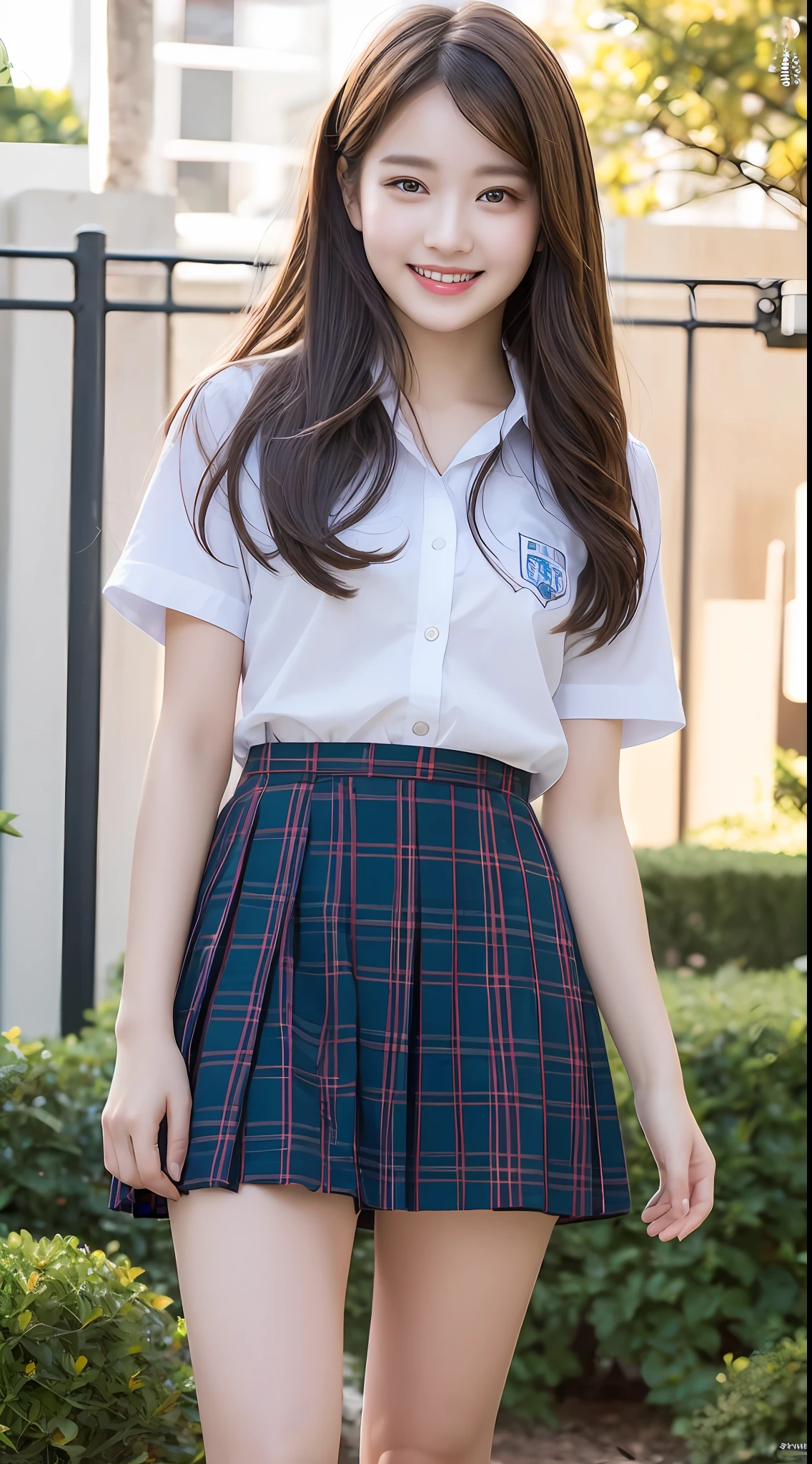 Very detailed 8k wallpaper)、sharp-focus、in detail、drama、Delicate and beautiful schoolgirl、15age、Sheer white shirt、mini-skirts、light brown-hair、hair adornments、Sexy、a smile、Peek at the viewer、Beautiful graphics、Bright school building、Full of students、clean legs、