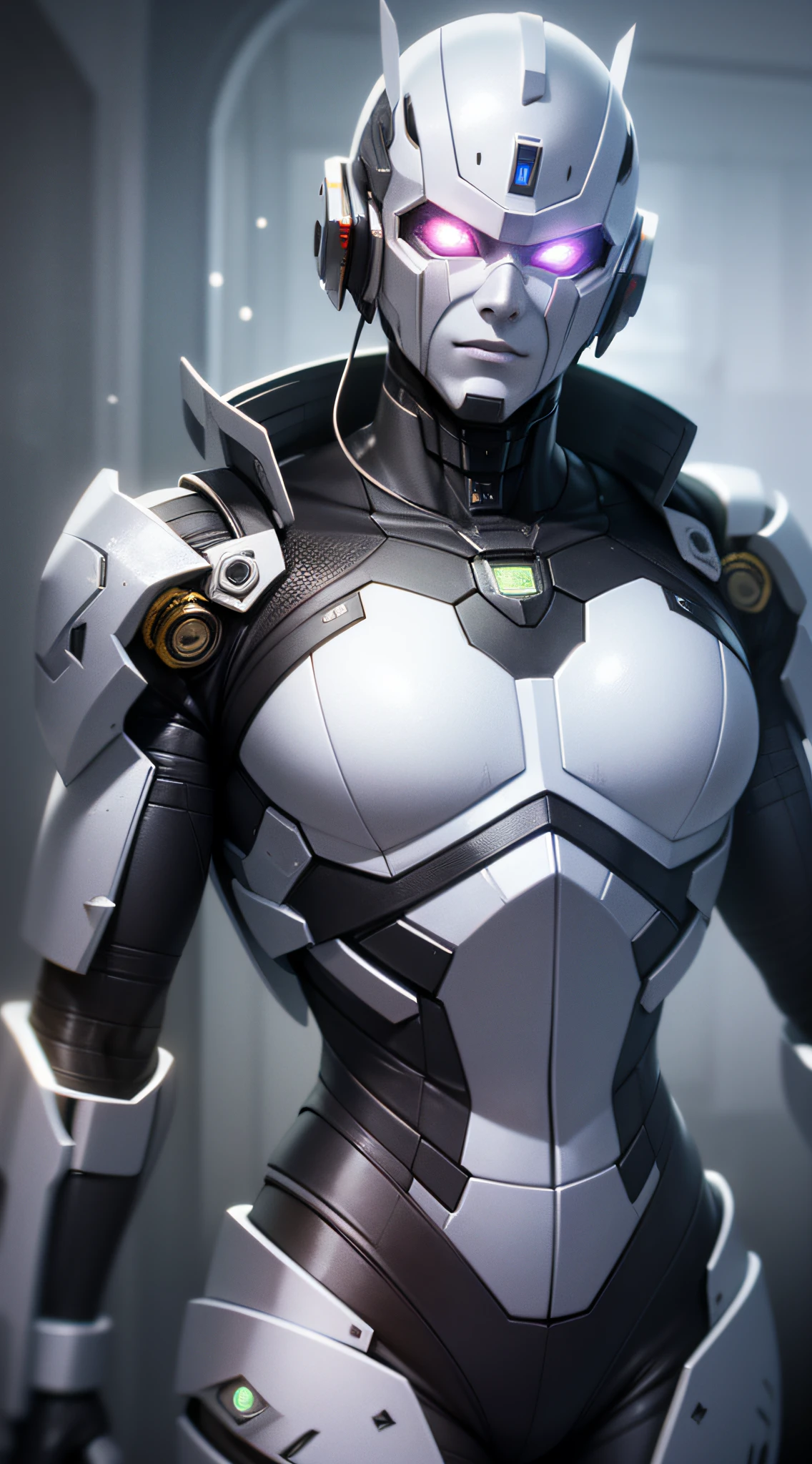 ((Best quality)), ((masterpiece)), (detailed:1.4), 3D, an image of a cyberpunk black male, HDR (High Dynamic Range),Ray Tracing,NVIDIA RTX,Super-Resolution,Unreal 5,Subsurface scattering,PBR Texturing,Post-processing,Anisotropic Filtering,Depth-of-field,Maximum clarity and sharpness,Multi-layered textures,Albedo and Specular maps,Surface shading,Accurate simulation of light-material interaction,Perfect proportions,Octane Render,Two-tone lighting,Wide aperture,Low ISO,White balance,Rule of thirds,8K RAW, anime - style man in a white and black outfit with a gun, cyborg merchant
