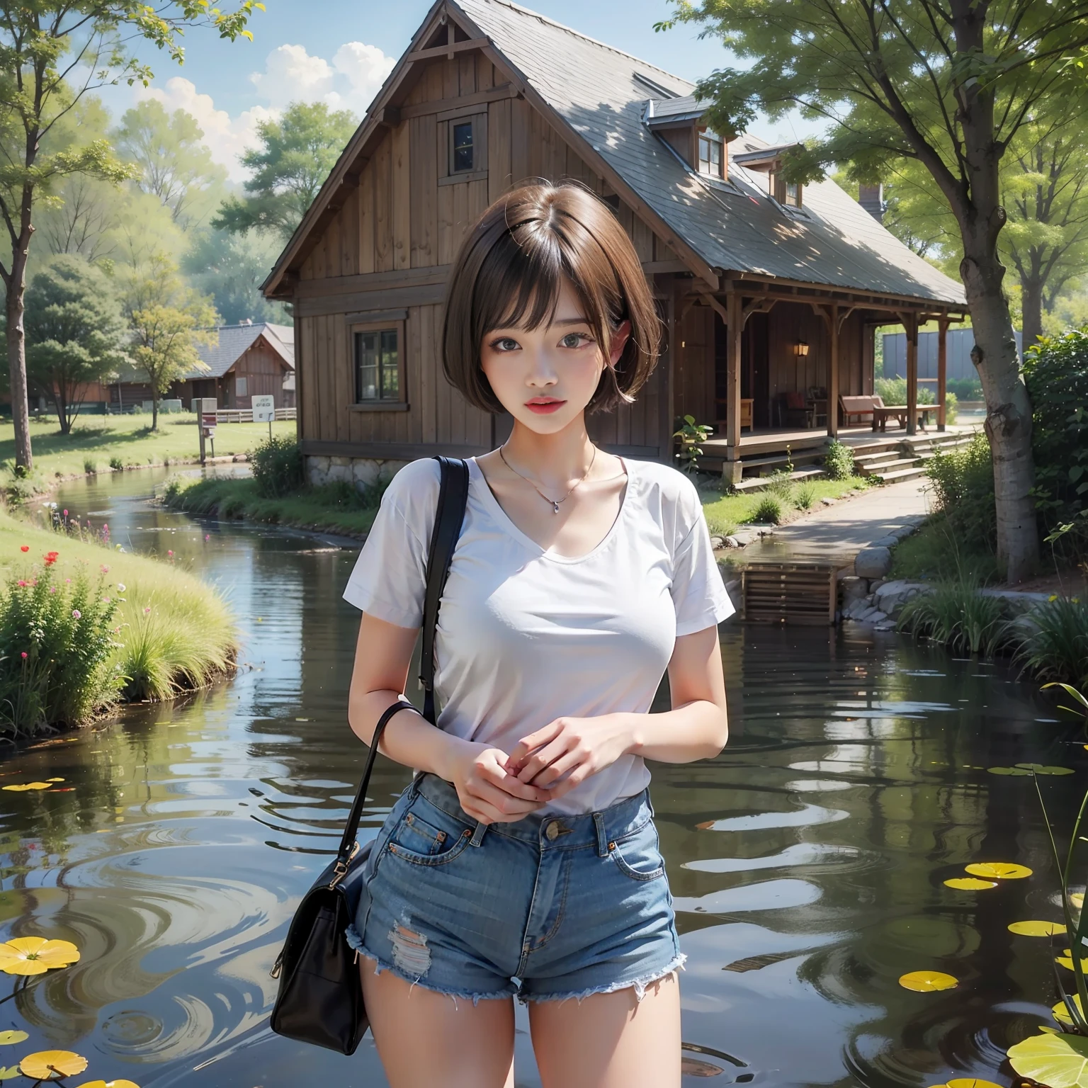 Girl Huge breasts,Short hair,white short sleeve,black short shorts,By the pond,Fishing,road,willowy,house,Beautiful picture,super detaill,masterpaintings,optimal quality