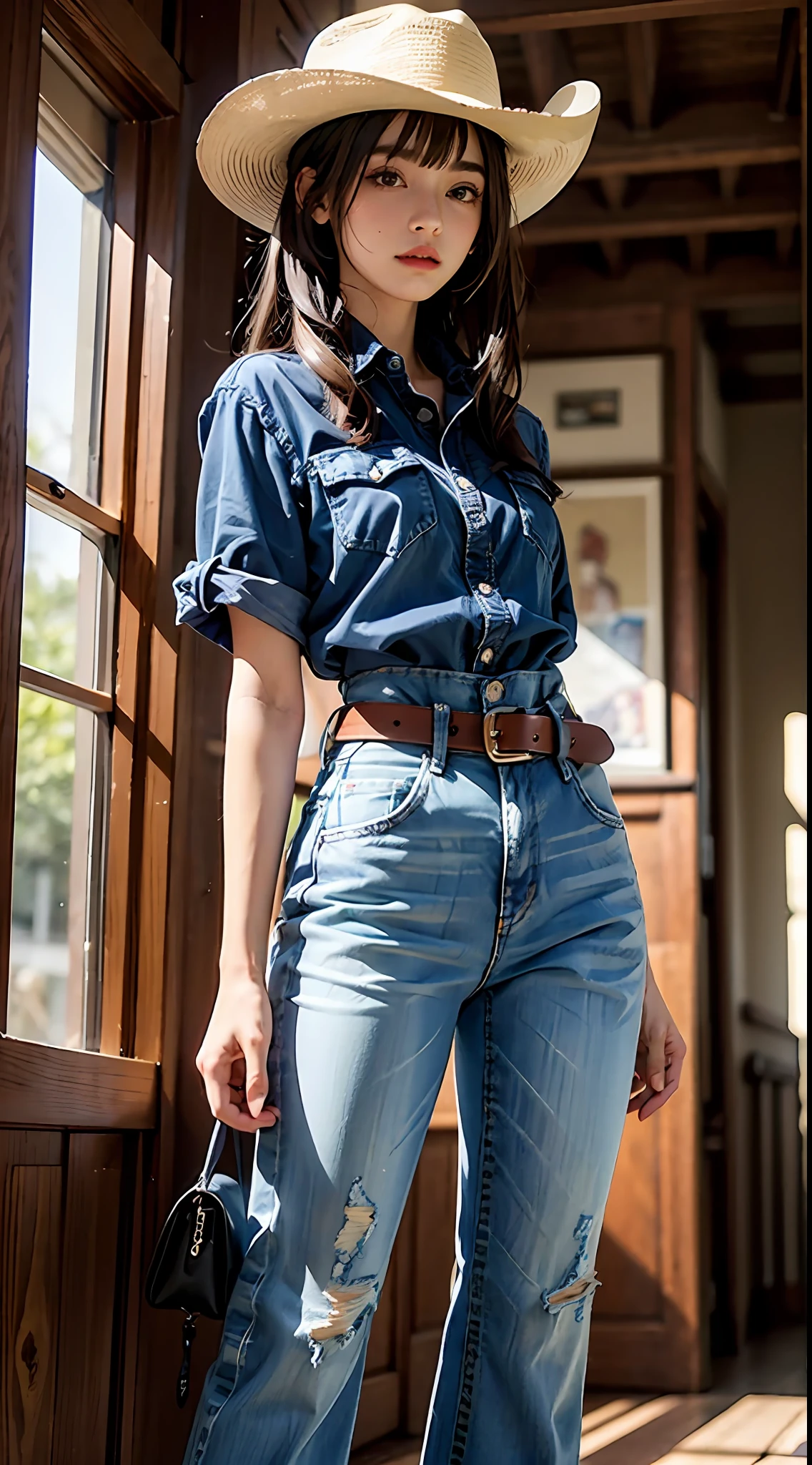 optimal quality,masterpaintings,ultra-high-resolution,(fidelity:1.4),Original photo,A small town in the American West in the 18s,Western denim style,Air bangs,1 young girl,waist belt,whip,Loose white shirt,Cowboy hat,Denim pants, ponytailhair, curtained hair, side swept bangs, aqua eyes,