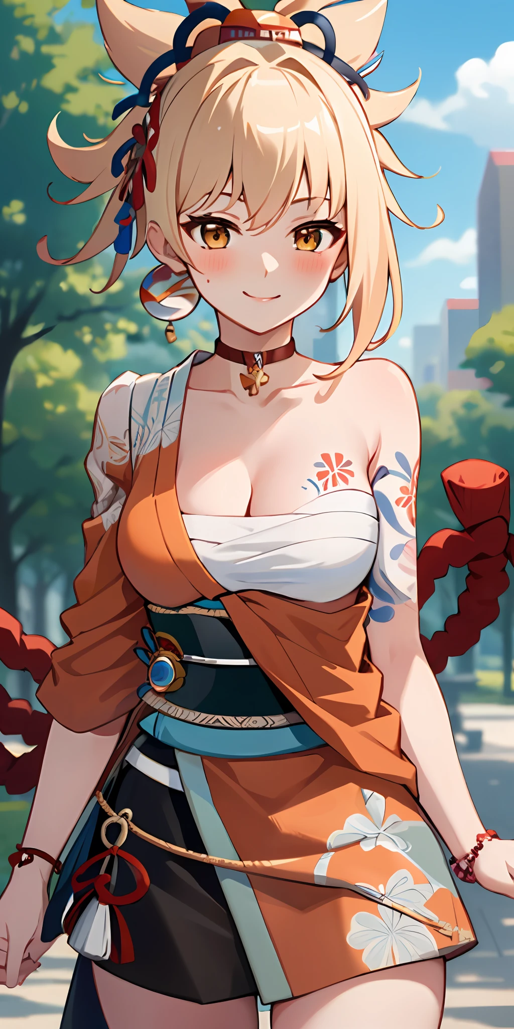 (Best quality:1.3), yoimiyadef, large breasts, cleavage, blushing:1.2, (pov, close shot), smiling, park background