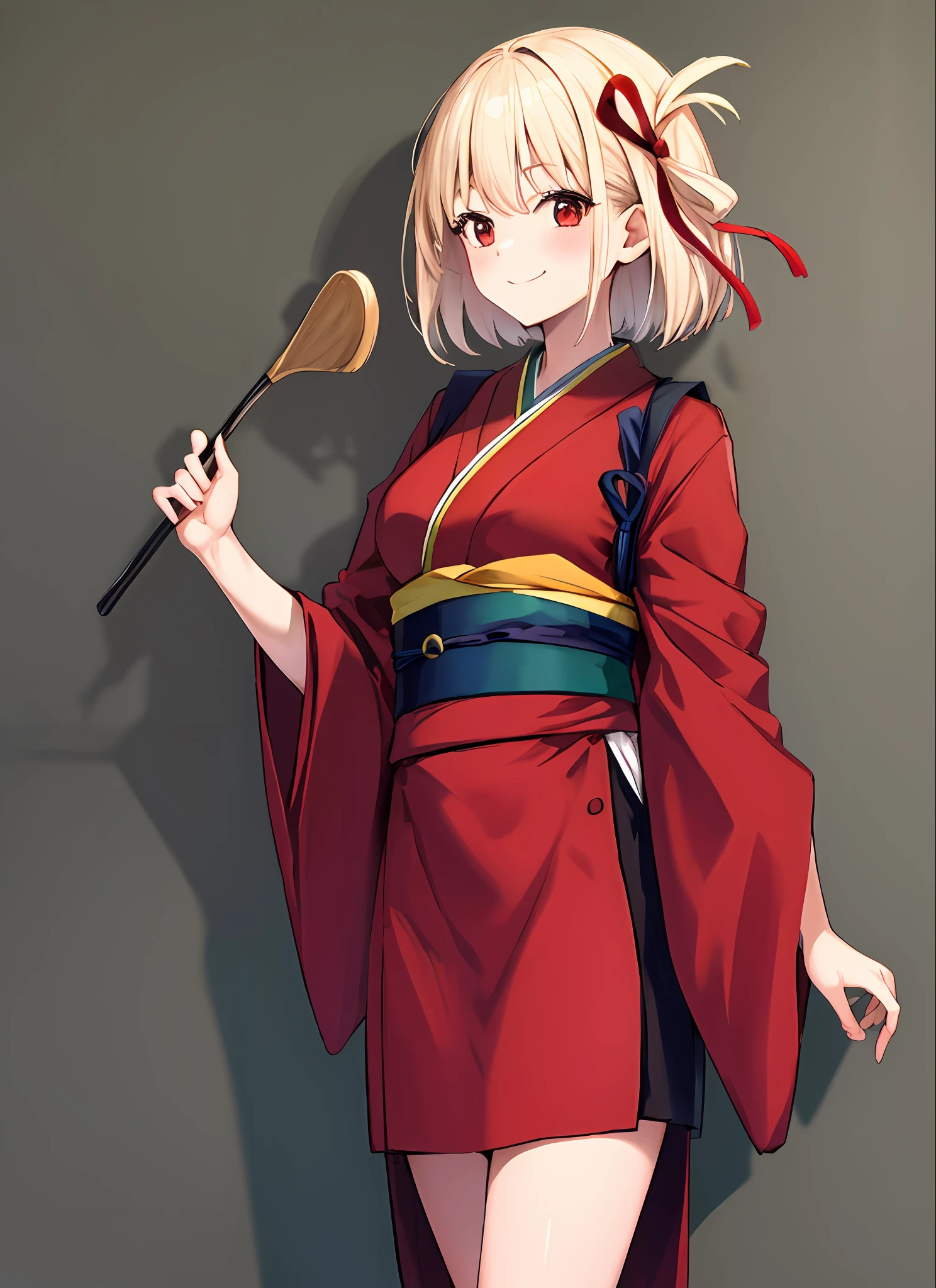 masterpiece,(ultra-detailed),1girl,smile, nishikigi chisato, red ribbon, apron, red kimono, kimono, japanese clothes, cowboy shot,