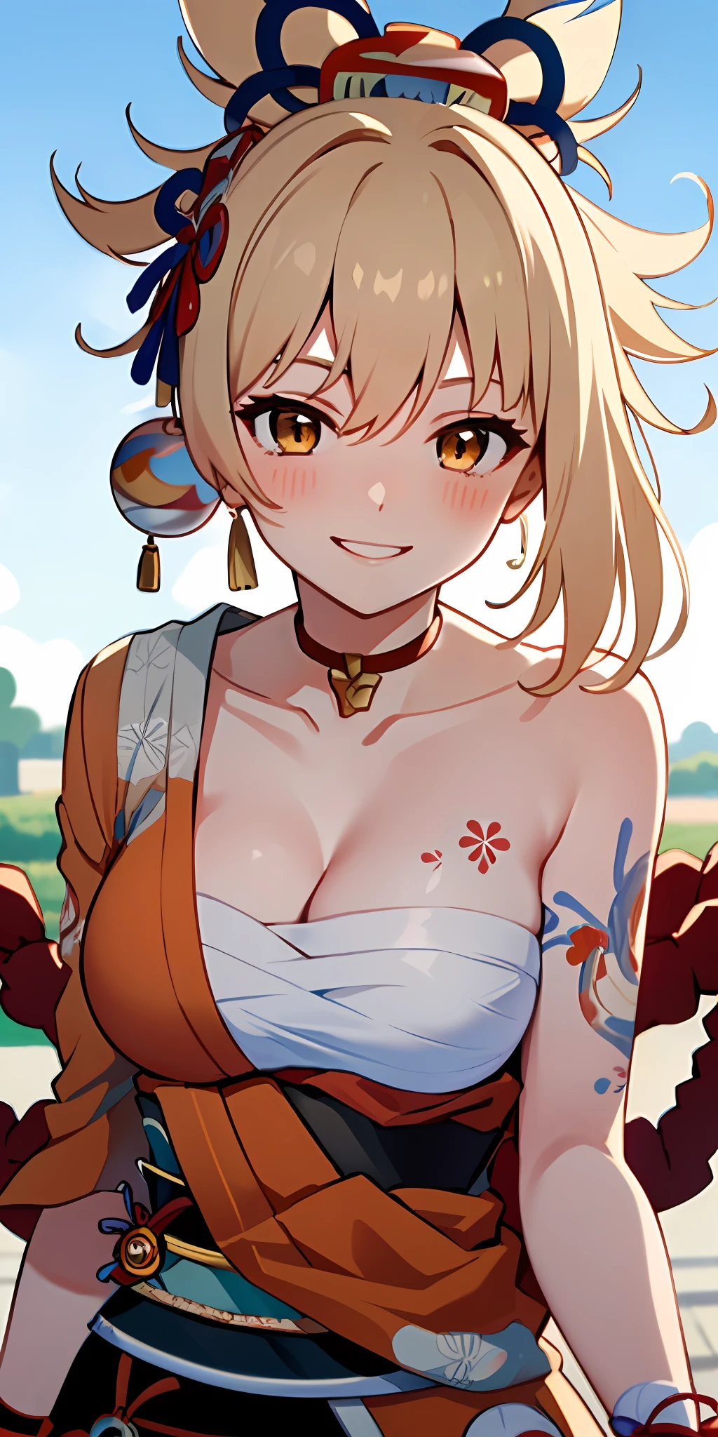 (Best quality:1.3), yoimiyadef, large breasts, cleavage, blushing:1.2, (pov, close shot), smiling, park background