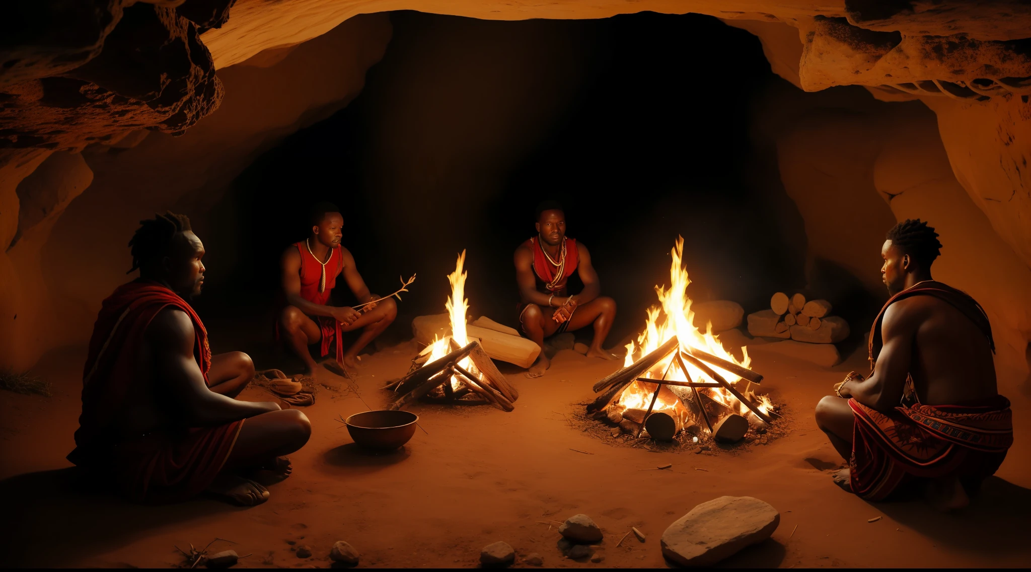 three men are sitting around a campfire with a bow and arrows, Himba, tribo antiga, membros da tribo atacando, Penteado Himba, aceso de fogo, editing, vestindo roupas de homem das cavernas, pre - historic cave man family, Pano Distante, traditional clothing, casting a fire spell, roupas tribais, Masai, africano, Guerreiro Maasai, Mitologia africana, historicamente preciso