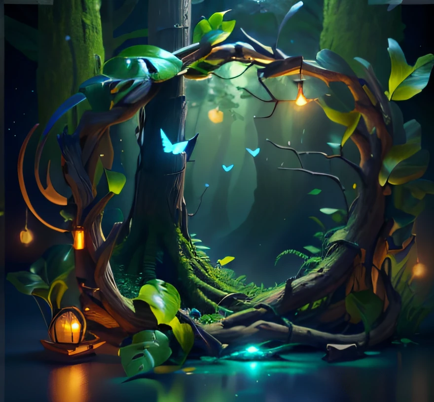 Masterpiece, best quality, (blank background), (blank in the middle), (very detailed CG unity 8k wallpaper), (best quality), (best illustrations), (best shadows), UI interface border design with a forest theme with natural elements. The avatar frame is designed in a circle, surrounded by delicate leaves and branches, with fireflies and glowing particle effects, (UI interface frame design), (natural elements), (jungle theme), (square shape), (leaves), (branches), (fireflies), butterflies, (delicate leaves), (glow), (particle effects). , isometric 3D, Octane rendering, ray tracing, super detailed