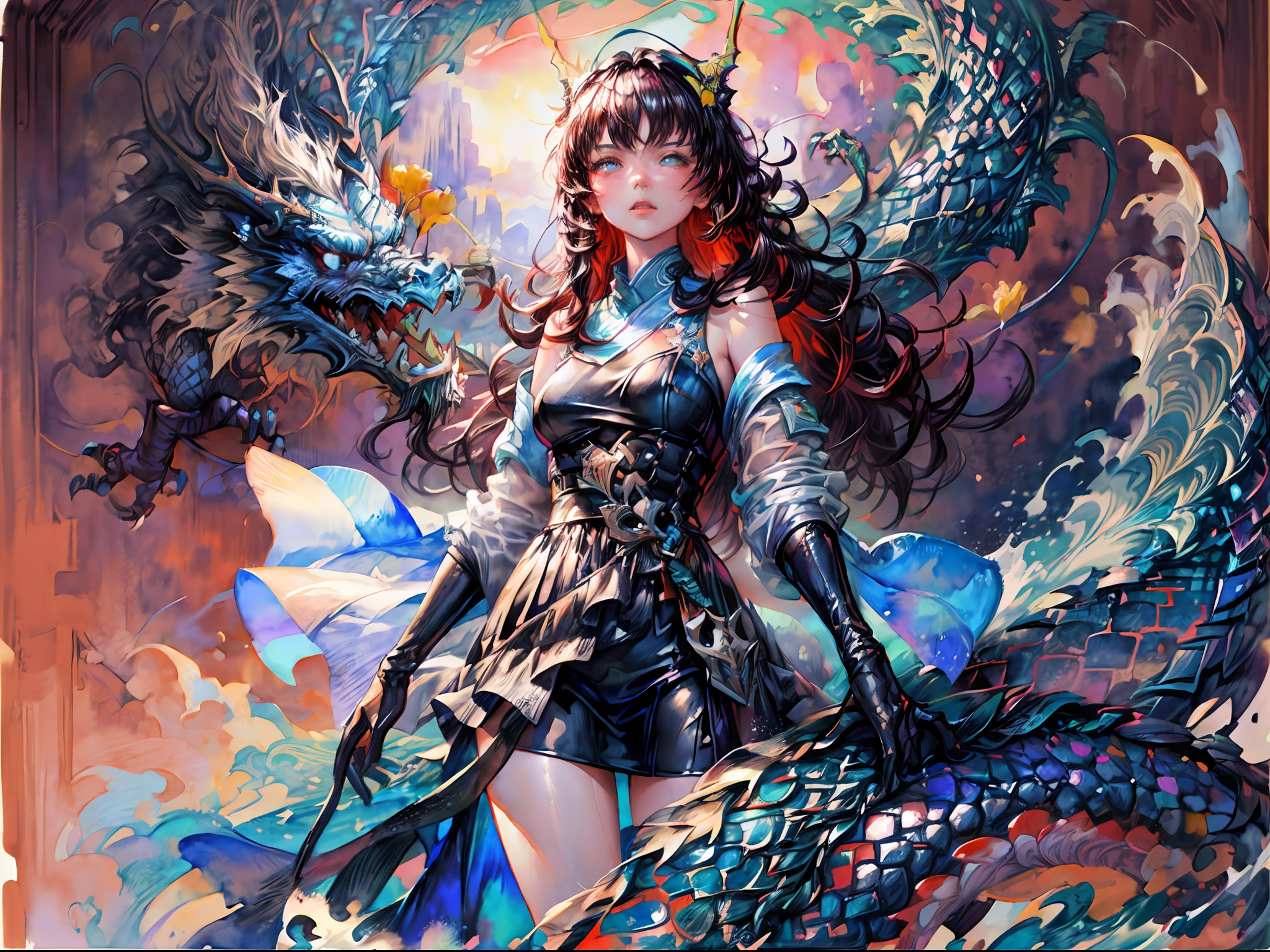 (masterpiece, top quality, best quality,1girl, long hair, (glowing:1.15), (team:1.1), (flowers:1.15), (monarch:1.05),Long coat,surrounded by huge Chinese dragons,dragon open mouse,1girl,solo,light_blue_hair,liquid hair, long hair,floating hair, standing,sundress, liquid clothes, water,waves, tsunami,tide,sea,water dress,fantasy, high contrast,explosions, over exposure, purple and red tone impression , abstract, ((watercolor painting by John Berkey and Jeremy Mann )) brush strokes, negative space,,