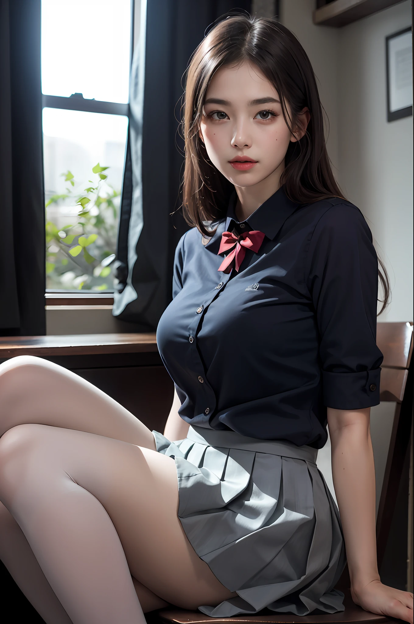 ultra realistic 8k cg, picture-perfect face, flawless, clean, masterpiece, professional artwork, famous artwork, perfect face, beautiful face, beautiful eyes, ((perfect female body)), solo,(immersive atmosphere, chiaroscuro:1.5,bright light:1.2,luminous lighting)
,,(blush:0.5),seductive expression,extremely detailed_eyes,thick thighs,,
beautifully detailed background,depth of field,realistic:1.3, long shot,1girl,shirt,pleated skirt, school uniform, sitting, full body, 
(ambient light:1.3),(cinematic composition:1.3),(neon lights:0.1),(HDR:0.1),Accent Lighting, white pantyhose,