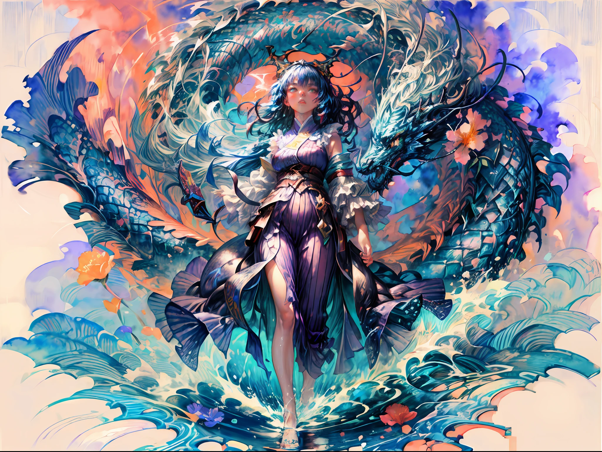 (masterpiece, top quality, best quality,1girl, long hair, (glowing:1.15), (team:1.1), (flowers:1.15), (monarch:1.05),Long coat,surrounded by huge Chinese dragons,dragon open mouse,1girl,solo,light_blue_hair,liquid hair, long hair,floating hair, standing,sundress, liquid clothes, water,waves, tsunami,tide,sea,water dress,fantasy, high contrast,explosions, over exposure, purple and red tone impression , abstract, ((watercolor painting by John Berkey and Jeremy Mann )) brush strokes, negative space,,