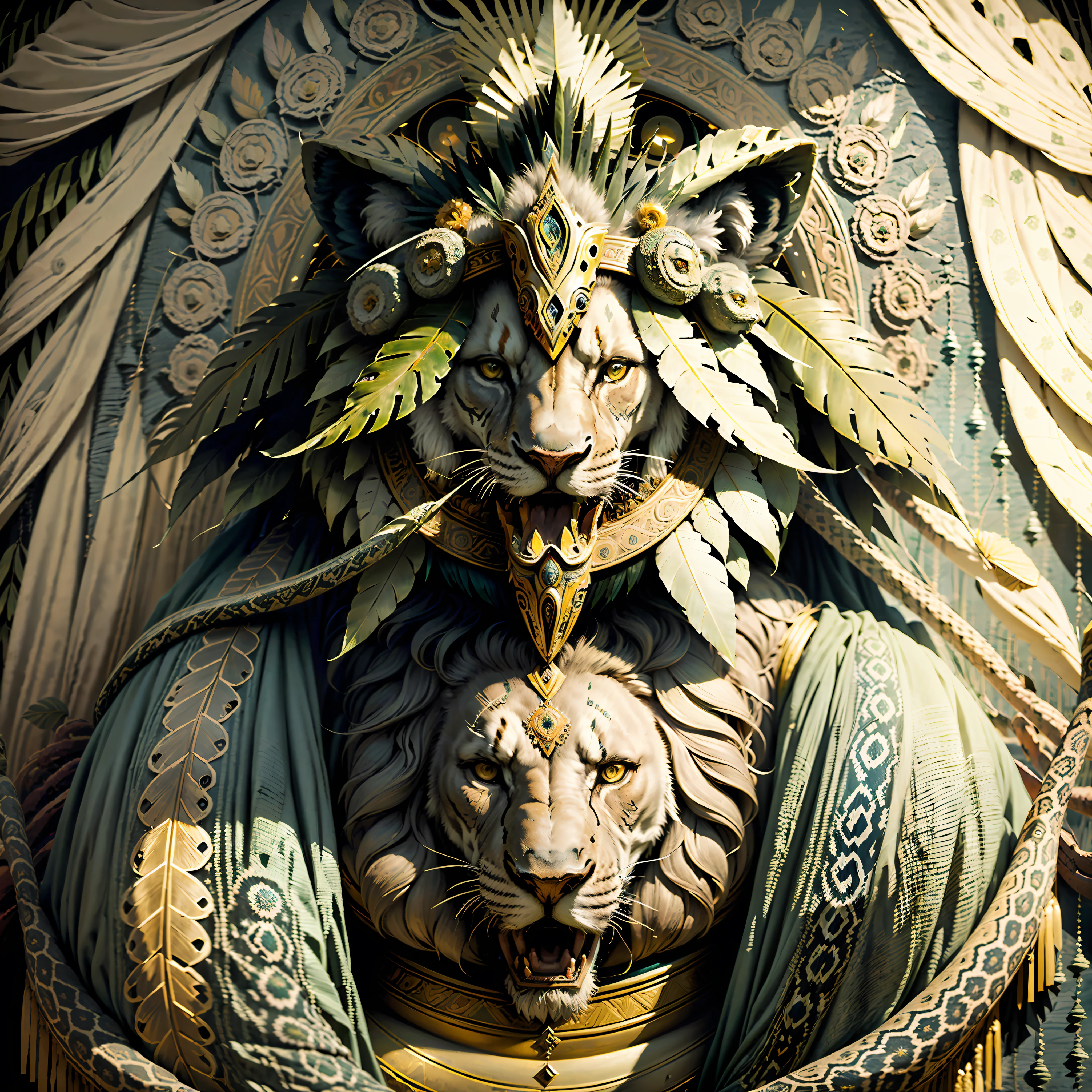 Lion ((Indian style)),,((meditative state),,((Leo head)) Shaman, elegant, hair with details, with Indian headdress on head, ((praying)) many colorful feathers, colored feathers,,(snake)) facing the camera, detail: dense tropical foliage, highly detailed intricate, ((masterpiece)), ultra hyperrealistic, masterpiece