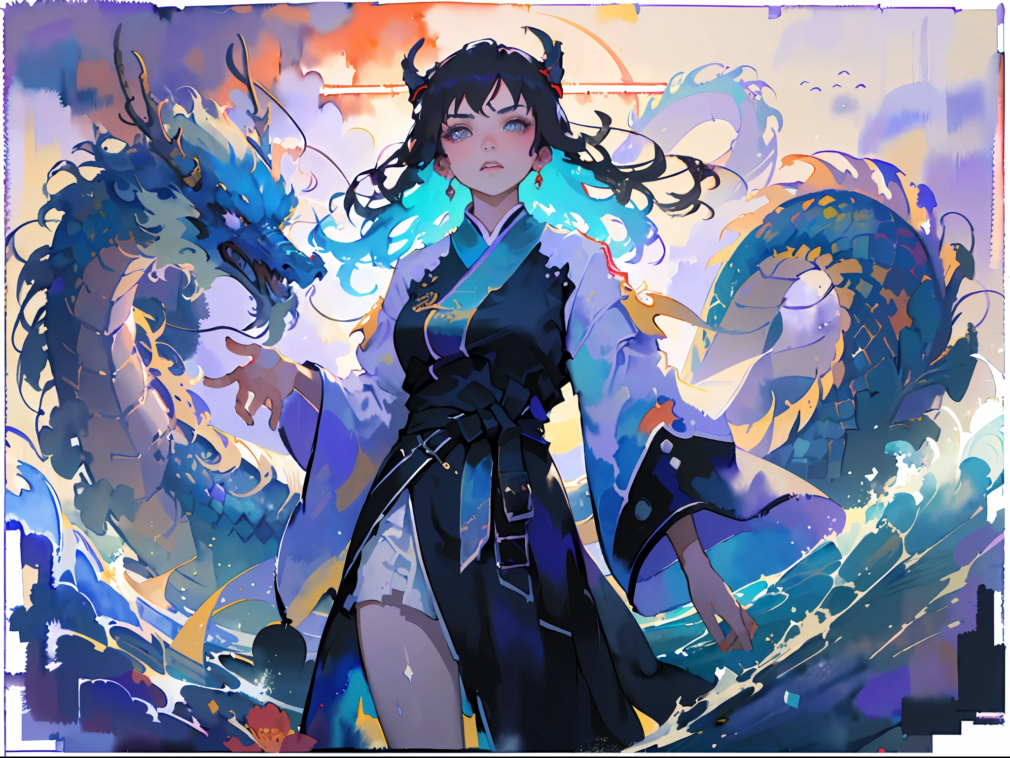 (masterpiece, top quality, best quality,1girl, long hair, (glowing:1.15), (team:1.1), (flowers:1.15), (monarch:1.05),Long coat,surrounded by huge Chinese dragons,dragon open mouse,1girl,solo,light_blue_hair,liquid hair, long hair,floating hair, standing,sundress, liquid clothes, water,waves, tsunami,tide,sea,water dress,fantasy, high contrast,explosions, over exposure, purple and red tone impression , abstract, ((watercolor painting by John Berkey and Jeremy Mann )) brush strokes, negative space,,