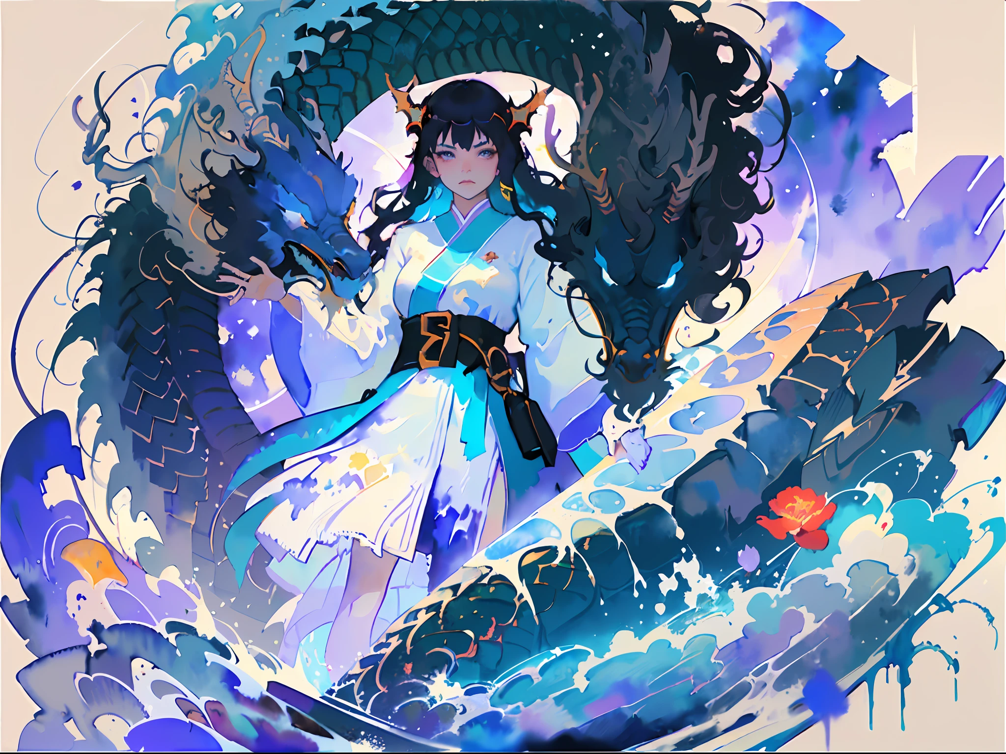 (masterpiece, top quality, best quality,1girl, long hair, (glowing:1.15), (team:1.1), (flowers:1.15), (monarch:1.05),Long coat,surrounded by huge Chinese dragons,dragon open mouse,1girl,solo,light_blue_hair,liquid hair, long hair,floating hair, standing,sundress, liquid clothes, water,waves, tsunami,tide,sea,water dress,fantasy, high contrast,explosions, over exposure, purple and red tone impression , abstract, ((watercolor painting by John Berkey and Jeremy Mann )) brush strokes, negative space,,