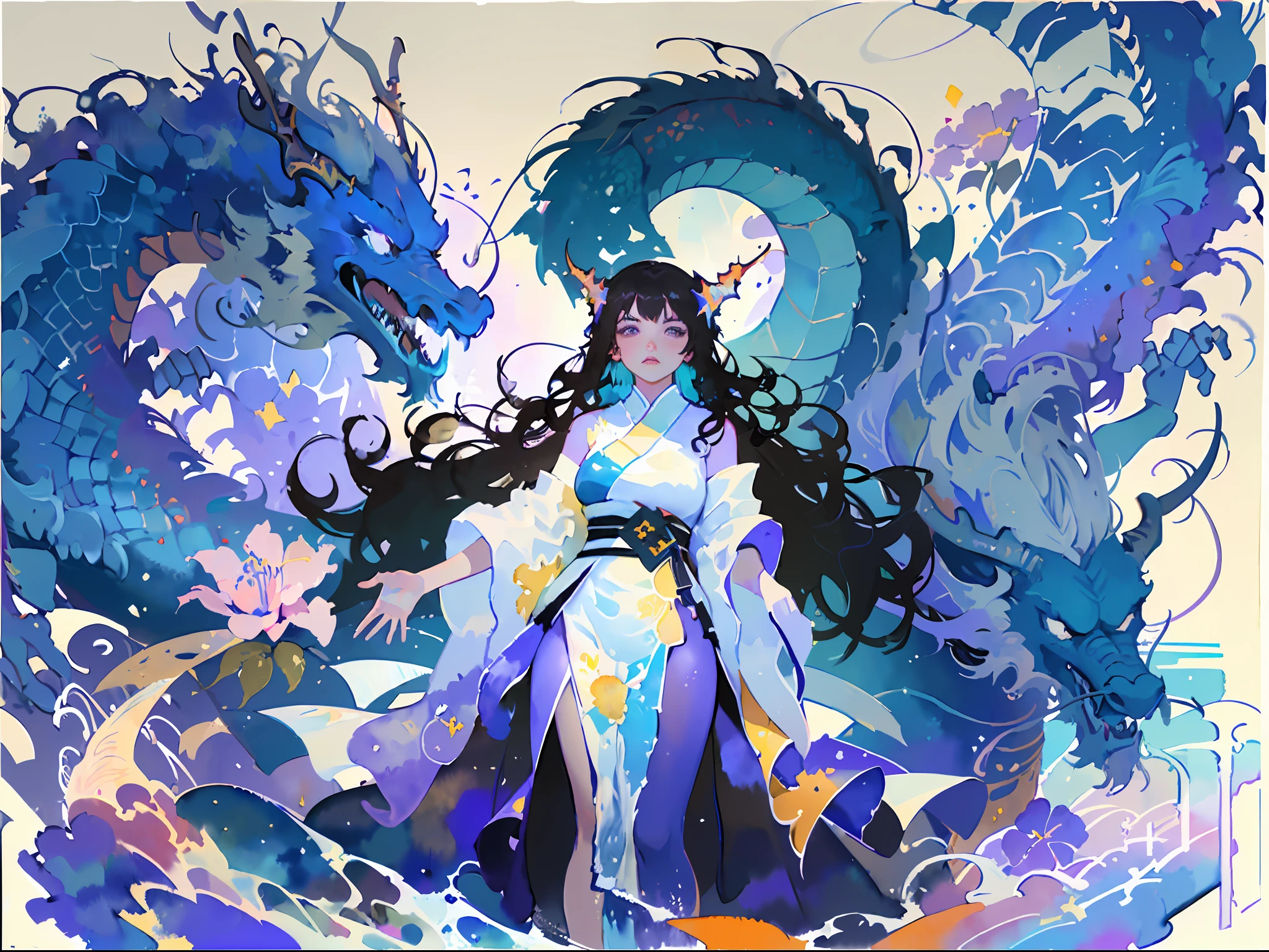 (masterpiece, top quality, best quality,1girl, long hair, (glowing:1.15), (team:1.1), (flowers:1.15), (monarch:1.05),Long coat,surrounded by huge Chinese dragons,dragon open mouse,1girl,solo,light_blue_hair,liquid hair, long hair,floating hair, standing,sundress, liquid clothes, water,waves, tsunami,tide,sea,water dress,fantasy, high contrast,explosions, over exposure, purple and red tone impression , abstract, ((watercolor painting by John Berkey and Jeremy Mann )) brush strokes, negative space,,