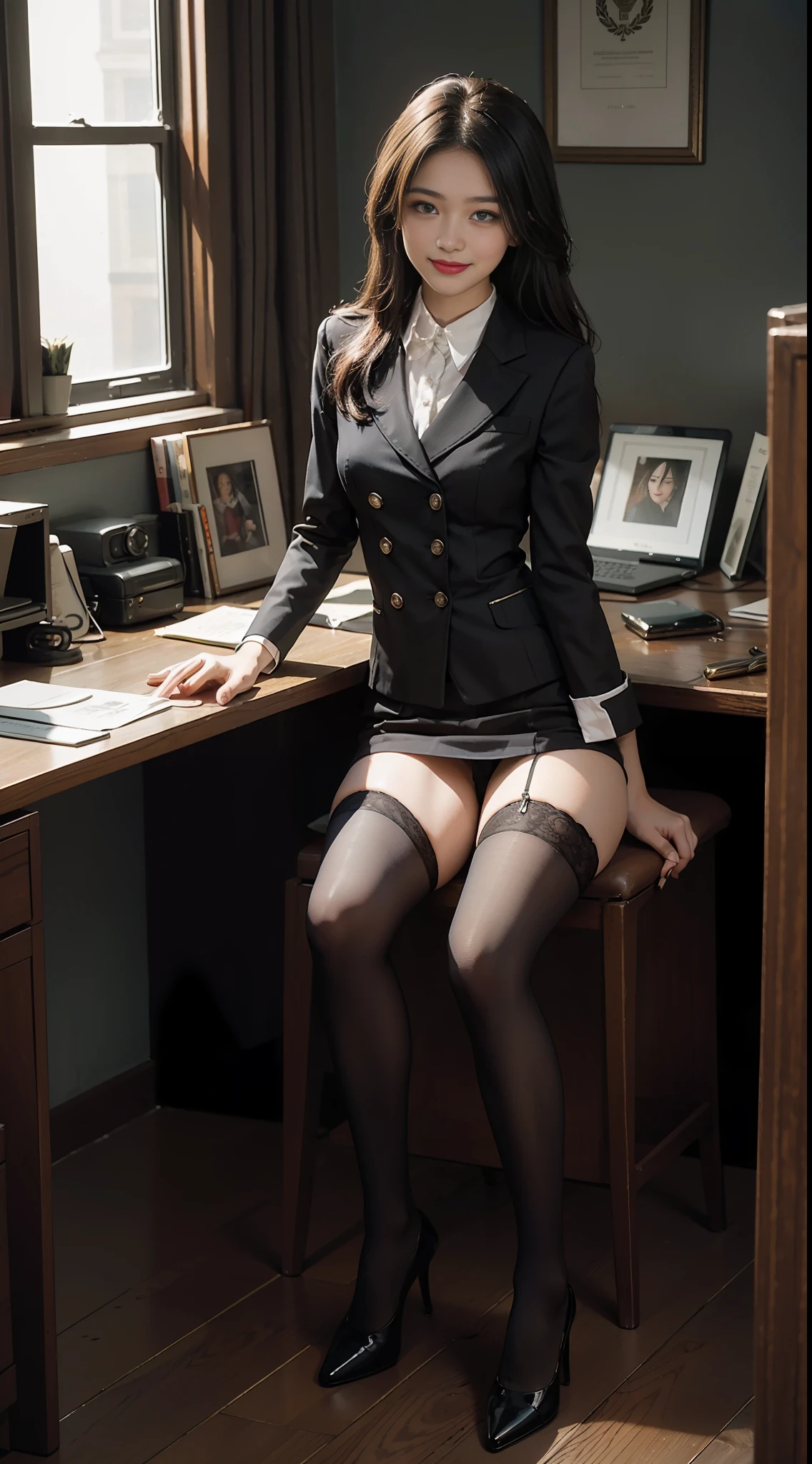 Best Quality, Full Body Portrait, Cinematic Texture Shot, Exquisite Face, Beautiful Face, 20 Year Old Woman, Smiling, Slim Figure, Small Bust, OL Uniform, Office Wear, Black Stockings, Interior Scene, Office, Seated