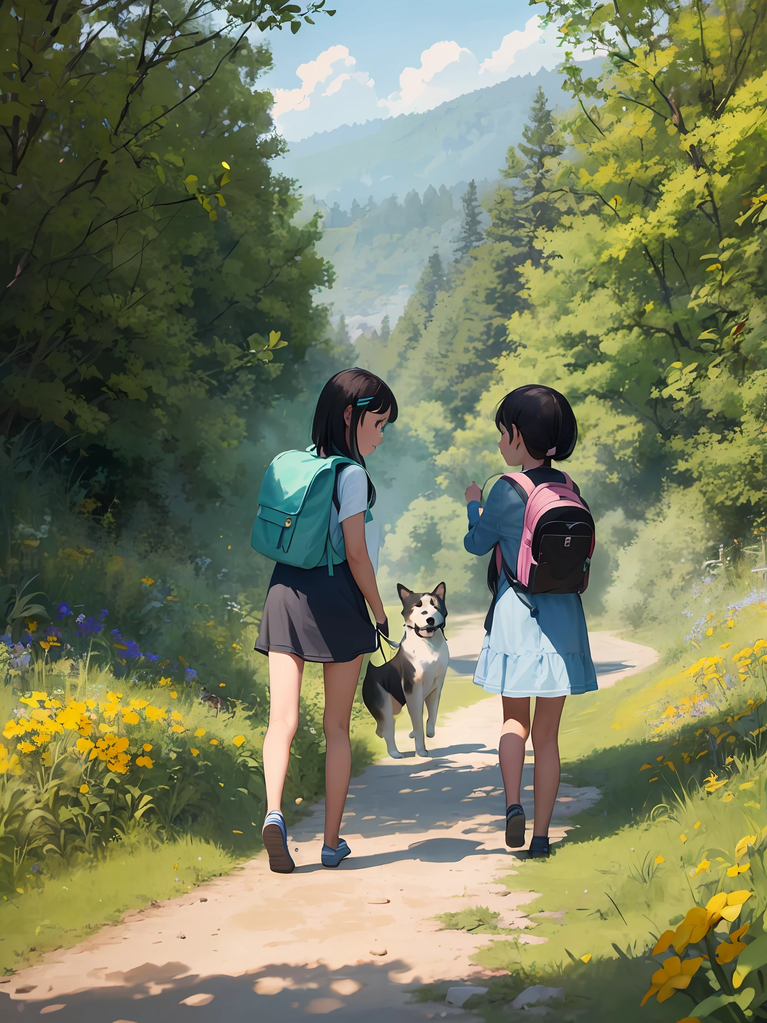 An incredibly charming little girl carrying a backpack, accompanied by her adorable puppy, enjoying a lovely spring outing surrounded by beautiful yellow flowers and natural scenery. The illustration is in high definition at 4k resolution, with highly-detailed facial features and cartoon-style visuals.