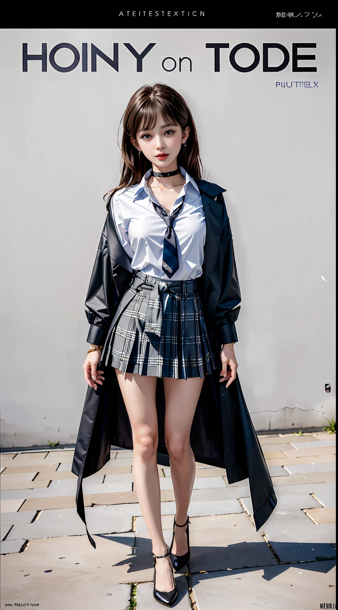 masterpiece, best quality, full body, 1girl, bangs, black choker, black necktie, black hair, blue skirt, blush, bracelet, breasts, choker, clothes around waist, collarbone, collared shirt, cowboy shot, dress shirt, ear piercing, eyebrows visible through hair, gradient hair, grin, gyaru, jewelry, kogal, long hair, looking at viewer, loose necktie, necktie, piercing, plaid, plaid skirt, pleated skirt, red eyes, ring, school uniform, shirt, skirt, smile, solo, white shirt, street, sky, cherry blossoms, petals,illustration, (magazine:1.3), (cover-style:1.3), fashionable, woman, vibrant, outfit, posing, front, colorful, dynamic, background, elements, confident, expression, holding, statement, accessory, majestic, coiled, around, touch, scene, text, cover, bold, attention-grabbing, title, stylish, font, catchy, headline, larger, striking, modern, trendy, focus, fashion,