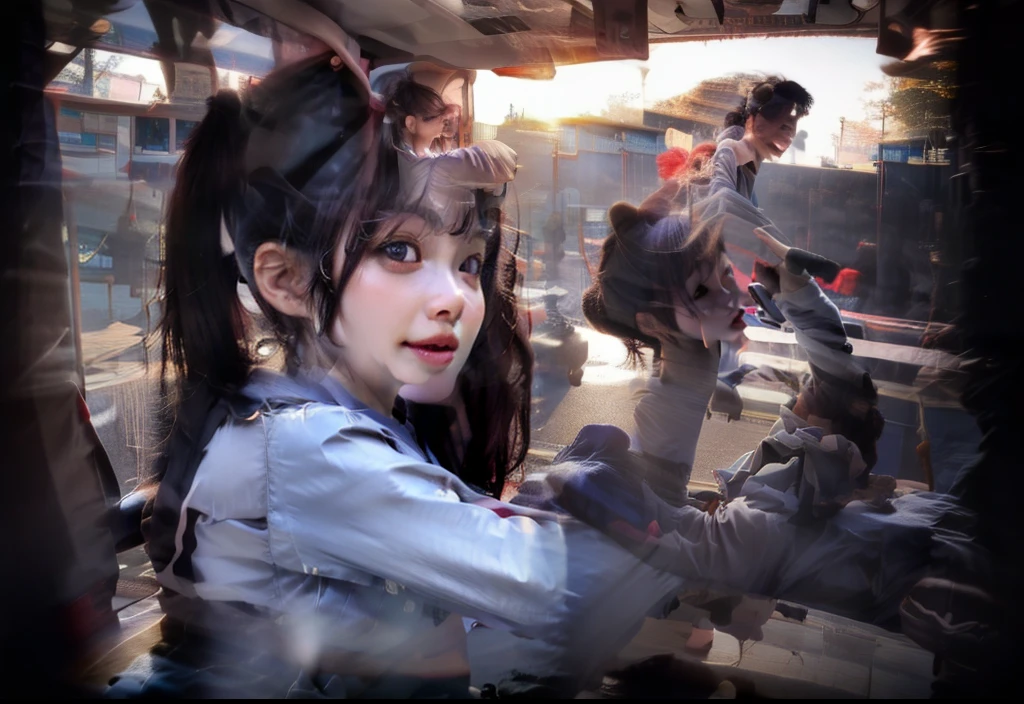 In the car of a high-speed train、Beautiful young Japan girl、While holding a cute little white rabbit with your arm、Looking at the rabbit with a smile。A girl was running at high speed in a train、The scenery is flowing at speed。Girl has beautiful green eyes、With well-formed bangs、The back hair is flowing in the wind at speed。The sunset light from the train window illuminates her cheeks。The light of the sunset is reflected in the eyes of the rabbit facing her.。High-quality photos、 最好质量, realisic, photoreallistic, 最好质量, A masterpice, extreamly delicate and beautiful, Heavily detailed, finedetail, Super Detail, Hi-Def, Heavily detailed, realisic, super highly detailed, 最好质量, super highly detailed, High-quality textures