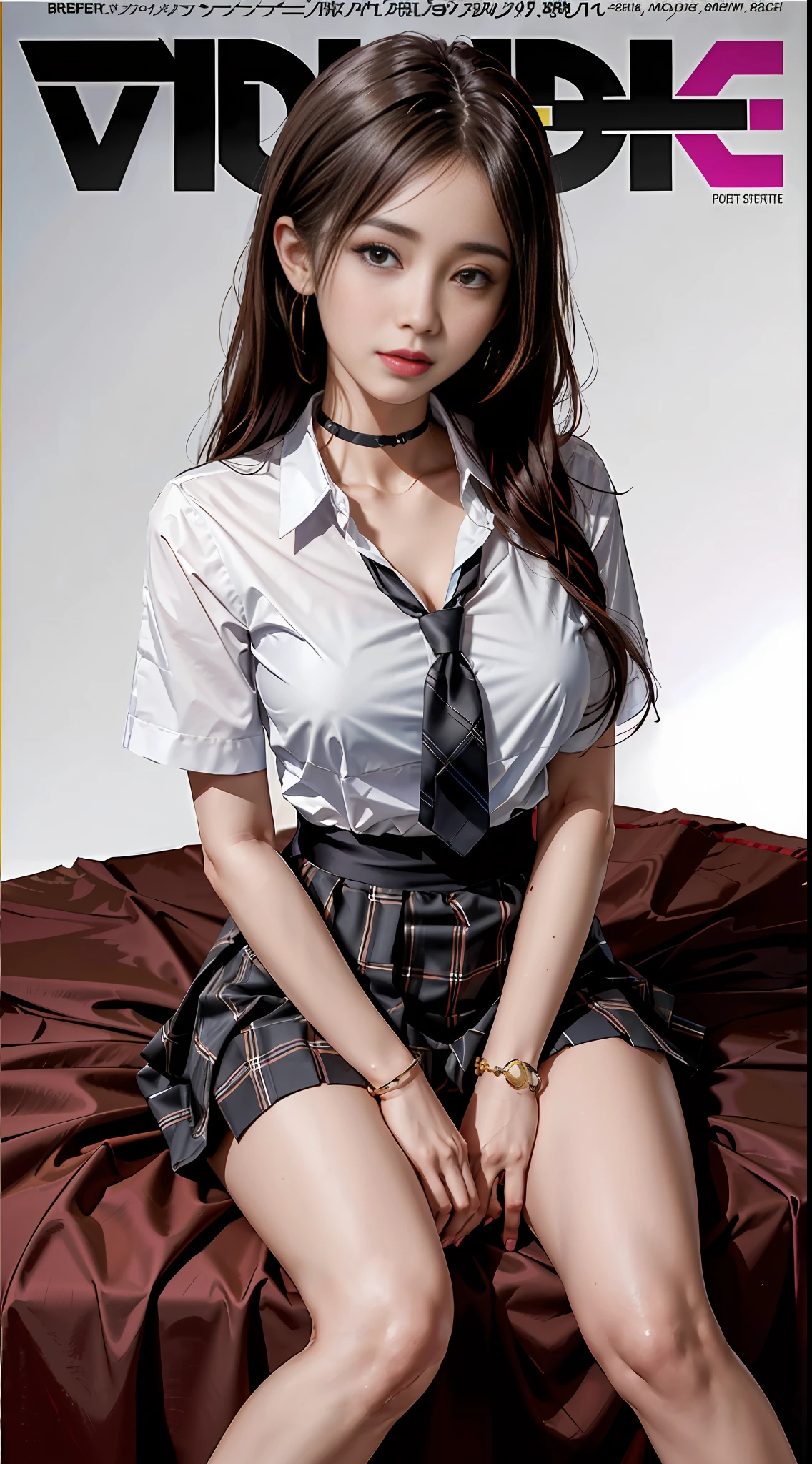 masterpiece, best quality, full body, 1girl, bangs, black choker, black necktie, black hair, blue skirt, blush, bracelet, breasts, choker, clothes around waist, collarbone, collared shirt, cowboy shot, dress shirt, ear piercing, eyebrows visible through hair, gradient hair, grin, gyaru, jewelry, kogal, long hair, looking at viewer, loose necktie, necktie, piercing, plaid, plaid skirt, pleated skirt, red eyes, ring, school uniform, shirt, skirt, smile, solo, white shirt, street, sky, cherry blossoms, petals,illustration, (magazine:1.3), (cover-style:1.3), fashionable, woman, vibrant, outfit, posing, front, colorful, dynamic, background, elements, confident, expression, holding, statement, accessory, majestic, coiled, around, touch, scene, text, cover, bold, attention-grabbing, title, stylish, font, catchy, headline, larger, striking, modern, trendy, focus, fashion,