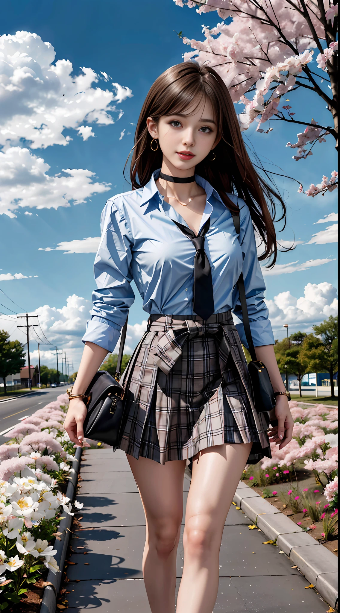 masterpiece, best quality, full body, 1girl, bangs, black choker, black necktie, black hair, blue skirt, blush, bracelet, breasts, choker, clothes around waist, collarbone, collared shirt, cowboy shot, dress shirt, ear piercing, eyebrows visible through hair, gradient hair, grin, gyaru, jewelry, kogal, long hair, looking at viewer, loose necktie, necktie, piercing, plaid, plaid skirt, pleated skirt, red eyes, ring, school uniform, shirt, skirt, smile, solo, white shirt, street, sky, cherry blossoms, petals,illustration, (magazine:1.3), (cover-style:1.3), fashionable, woman, vibrant, outfit, posing, front, colorful, dynamic, background, elements, confident, expression, holding, statement, accessory, majestic, coiled, around, touch, scene, text, cover, bold, attention-grabbing, title, stylish, font, catchy, headline, larger, striking, modern, trendy, focus, fashion,