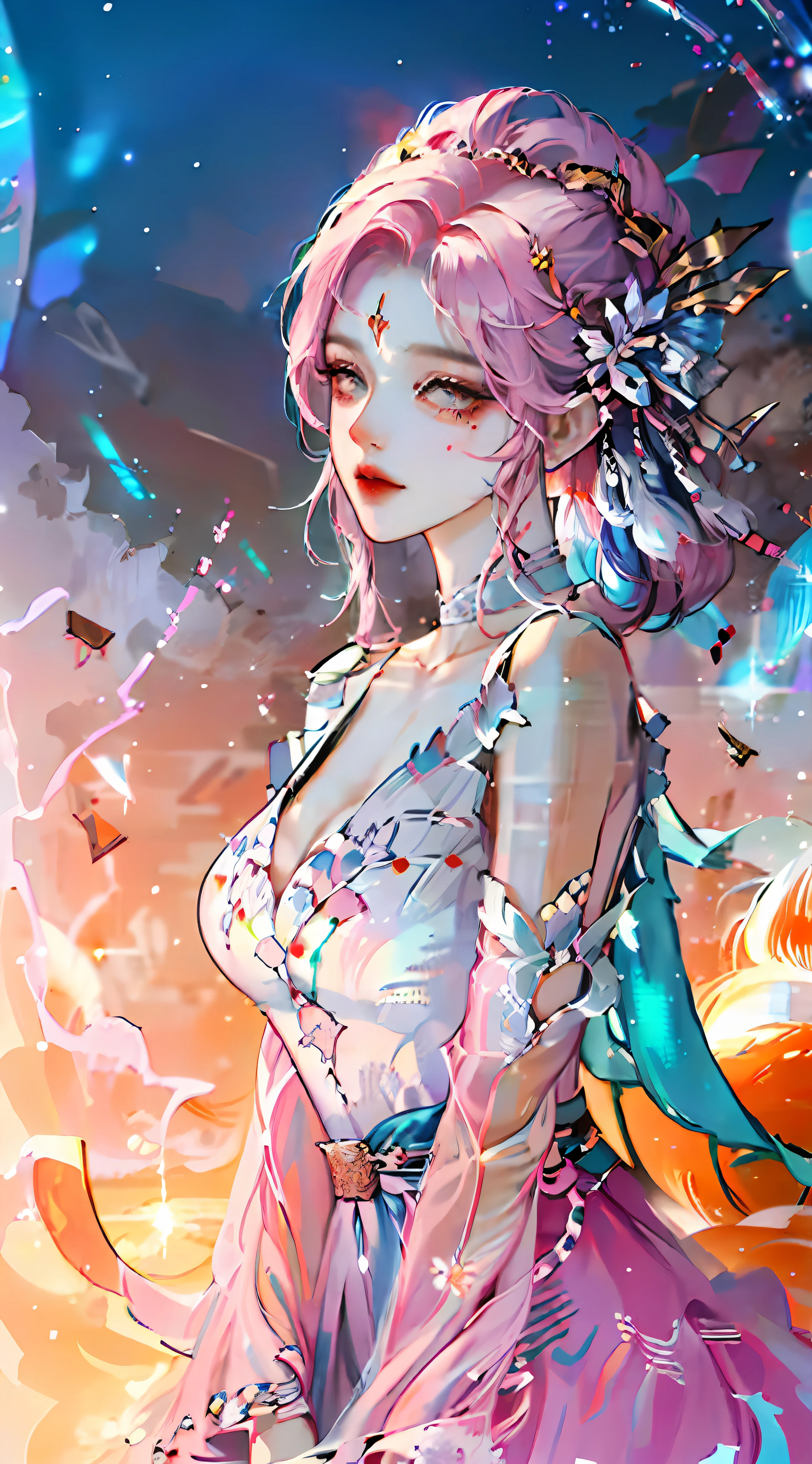 realisticlying,(masterpaintings,top Quority,optimal quality,offcial art,Beauty and aesthetics:1.2),very highly detailed,s fractal art,extremely colorful,Most detailed,Daji,(Abstract background:1.5),(Glory to Kings),(1girl huge large breasts:Whole human body),(Fox class)(Nine tails) ,Pink hair,Eyes,earnestly,Charming,Comb back,short-cut hair,,galactic,Dreamlike