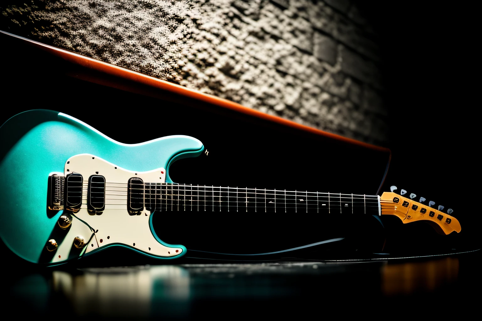 Wet look, watery, Water, Mysterious, dark electronic guitar hanging on a wall, futuristic design, Shining, lens halo, highly-detailing, Cinematic, photo, Photography, superdetailed, Epic, 50 millimeters, Canon