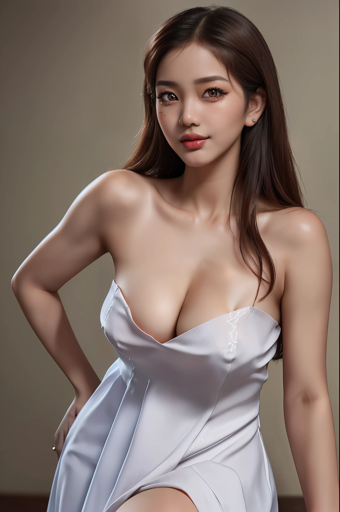 (nsfw:1.2), (1girl:2.0), (solo:1.5), (Javanese girl:1.9), (upon body from head to thigh:2.0), (arms on hips:1.7), (light smile:1.3), (no bra:2.0), (Indonesian senior high school uniforms:1.5), (braless:2.0), (slender abs:1.5), (detailed realistic skin:1.3), (extremely detailed realistic caramel hair:1.3), (beautiful realistic hairstyle:1.3), (realistic hair:1.3), (beautiful realistic face:1.3), (beautiful realistic Javanese girl face:1.9), (extremely detailed realistic face:1.3), (realistic eyes:1.5), (extremely detailed realistic eyes:1.5), (perfect eyes:1.5), (extremely detailed realistic pupils:1.5), (extremely detailed realistic eyelashes:1.3), (detailed realistic lips:1.3), (beautiful realistic lips:1.3), (realistic medium breasts:1.3), (breast cleavage exposed:1.5), (masterpiece:1.2), (best quality:1.2), (realistic:1.2), photography, Nikon, 85mm, 8k, (sharp focus:1.2), (high resolution:1.2), (ultra-detailed:1.2),