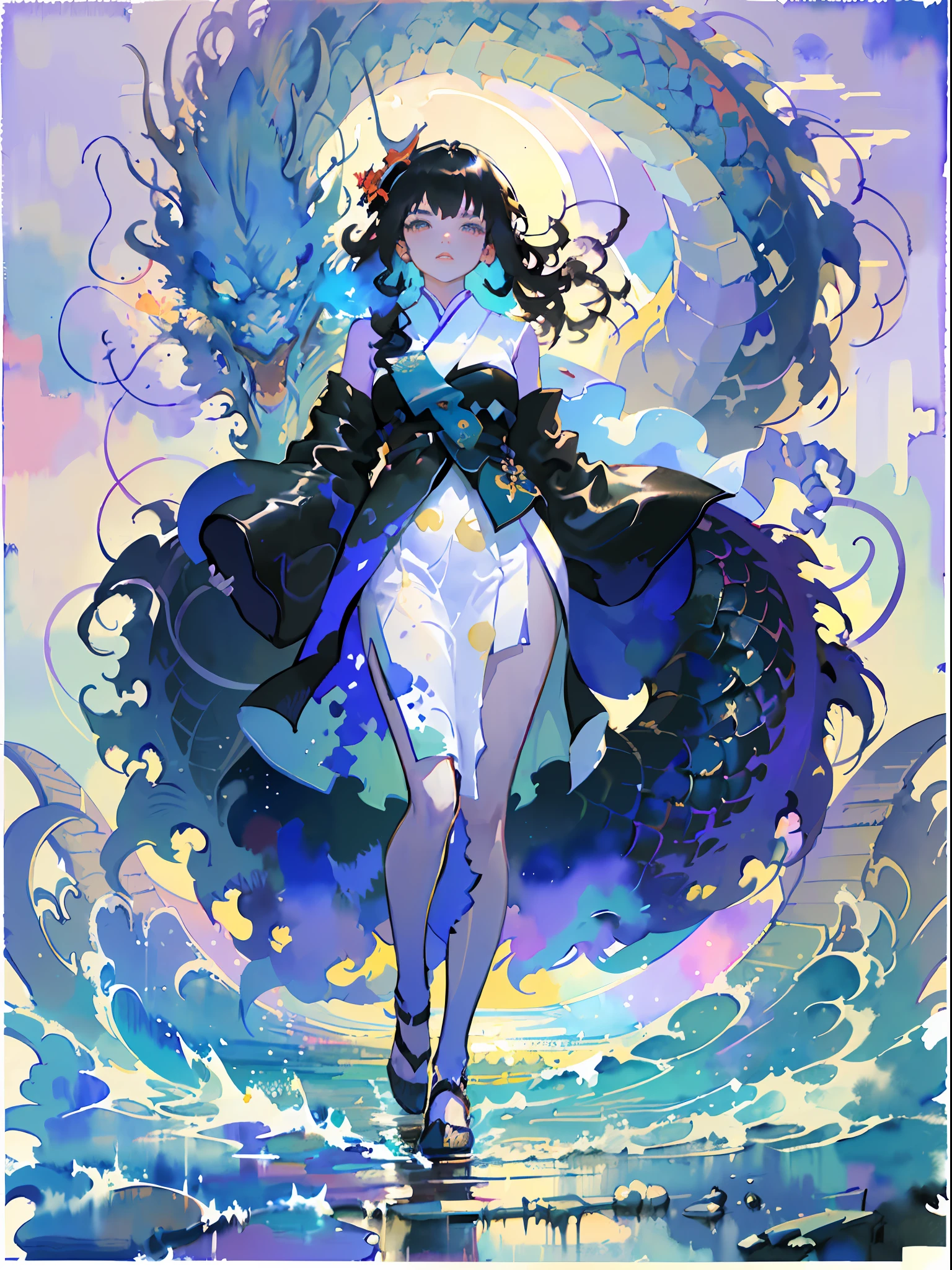 (masterpiece, top quality, best quality,1girl, long hair, (glowing:1.15), (team:1.1), (flowers:1.15), (monarch:1.05),Long coat,surrounded by huge Chinese dragons,dragon open mouse,1girl,solo,light_blue_hair,liquid hair, long hair,floating hair, standing,sundress, liquid clothes, water,waves, tsunami,tide,sea,water dress,fantasy, high contrast,explosions, over exposure, purple and red tone impression , abstract, ((watercolor painting by John Berkey and Jeremy Mann )) brush strokes, negative space,,