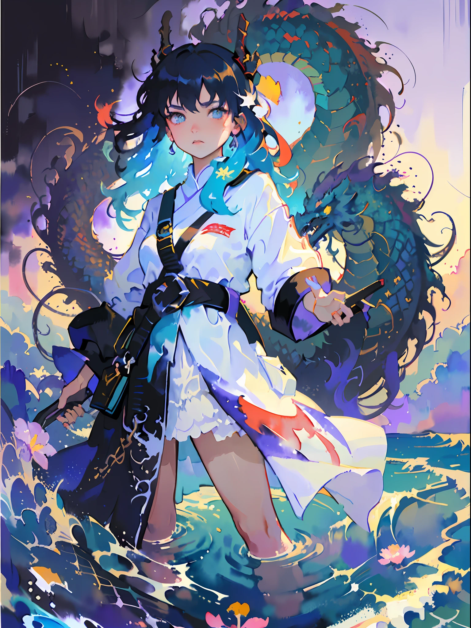 (masterpiece, top quality, best quality,1girl, long hair, (glowing:1.15), (team:1.1), (flowers:1.15), (monarch:1.05),Long coat,surrounded by huge Chinese dragons,dragon open mouse,1girl,solo,light_blue_hair,liquid hair, long hair,floating hair, standing,sundress, liquid clothes, water,waves, tsunami,tide,sea,water dress,fantasy, high contrast,explosions, over exposure, purple and red tone impression , abstract, ((watercolor painting by John Berkey and Jeremy Mann )) brush strokes, negative space,,