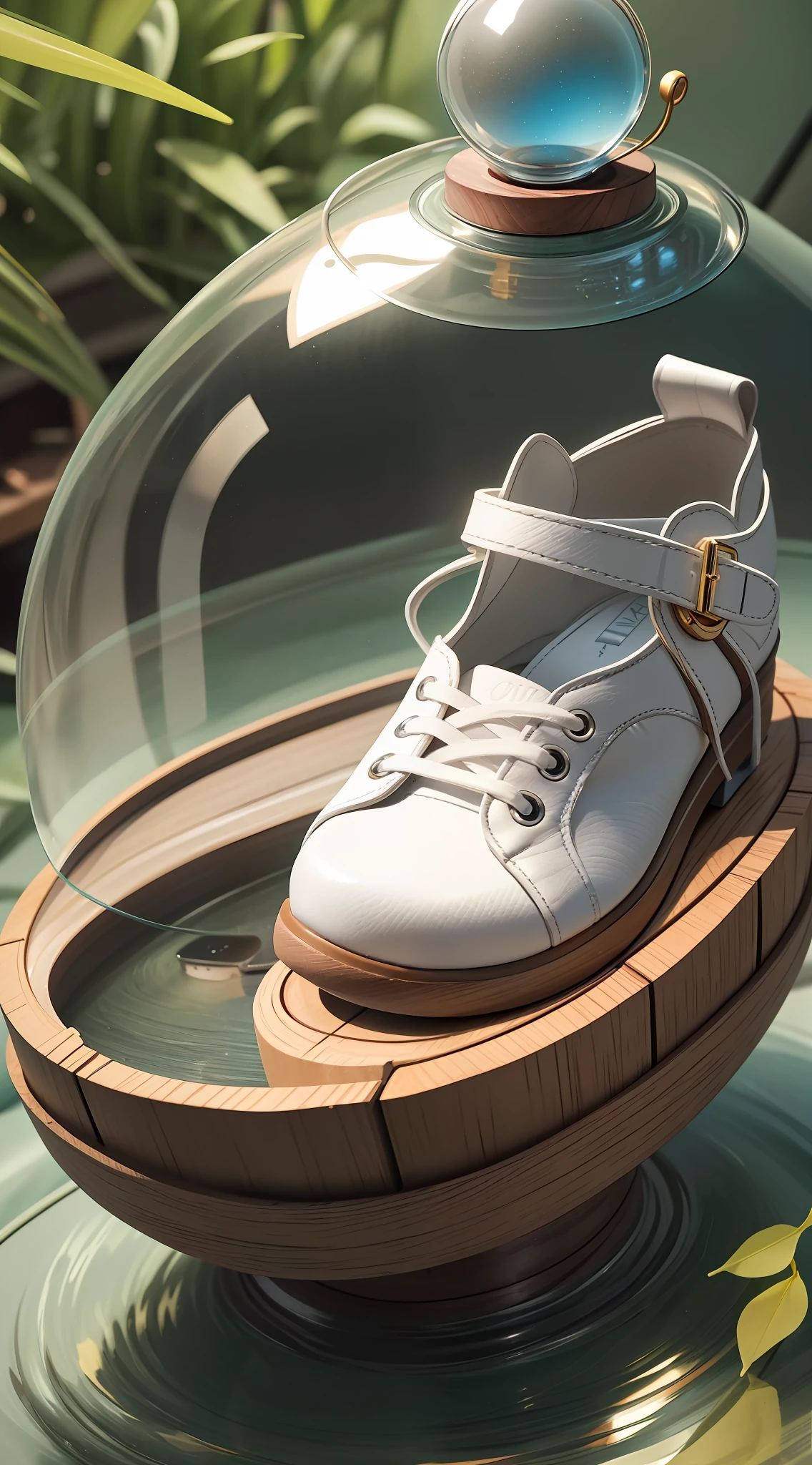 there is a shoe in a glass dome on a wooden platform, White shoes, glossy white, white soft leather model, high angle close up shot, lo fashion, shot with sony alpha 1 camera, Product photography 4 K, very sharp details, Product photography, medium close up shot, inflatable future shoes, shot on nikon z9, Close-up shot, cool white