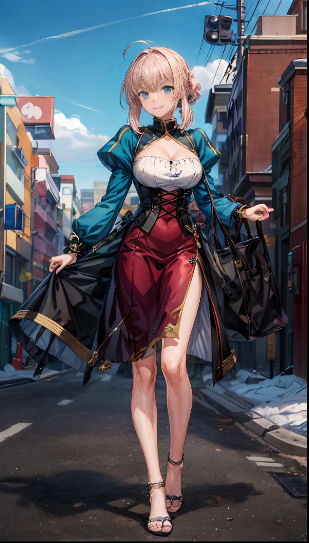 （masterpaintings：1.4）， （optimal quality：1.4）， realistness， 1girl huge large breasts， Artoria，Radpangon \（Fare Fateful Night\）， cleavage dress， Smile with，Anime characters。