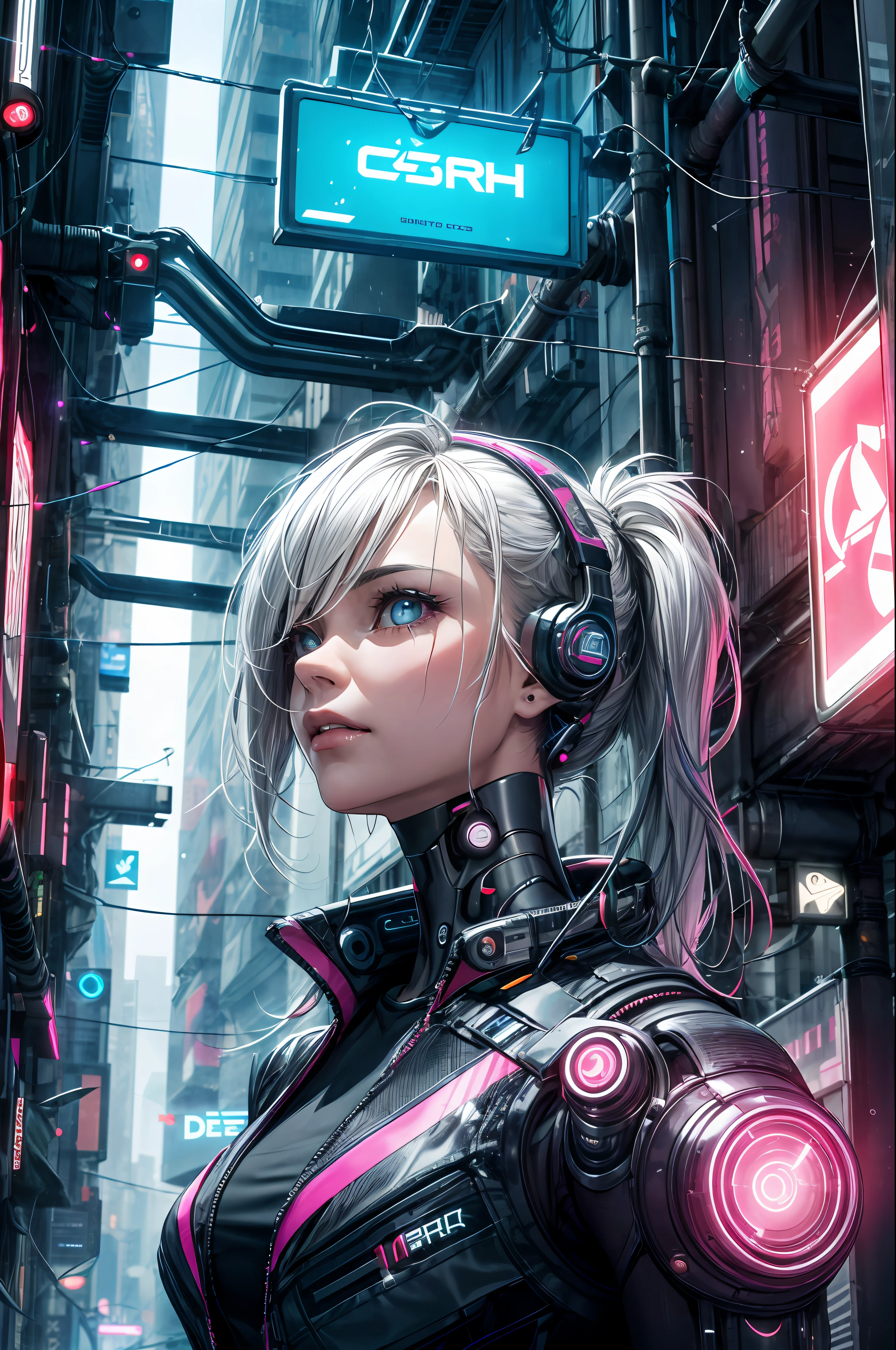 absurdres, highres, reflection, refraction:1.4, ultra detailed:1.4, (photorealistic:1.4, ultra high res, RAW photo), BREAK (cyberpunk:1.3), Android, robot_girl, silver hair, beautiful face with cool expression, In the dark decaying ruins, (super wide angle:1.2), shot from below BREAK ((neon lighting, vibrant glow, dynamic colors, striking contrast, futuristic vibe, electric energy, reflective surfaces))