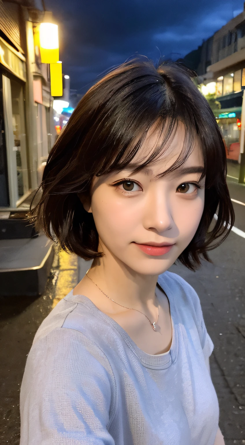 ((最好质量、A masterpice:1.3))、sharp-focus:1.2、(realisic、photoreallistic:1.37)、perfect beautiful female、Highly detailed facial and skin texture、Detailed eyes and double eyelids、Small smile、short-hair、small busts、Small necklace、White short-sleeved shirt、sodden、City at night with heavy rain、Rain clouds at night、Strong heavy rain、