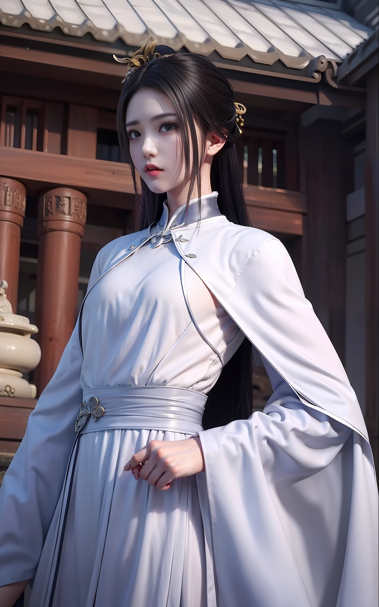 Wuxia，White robe white，length hair，Ancient buildings，Deep mountains