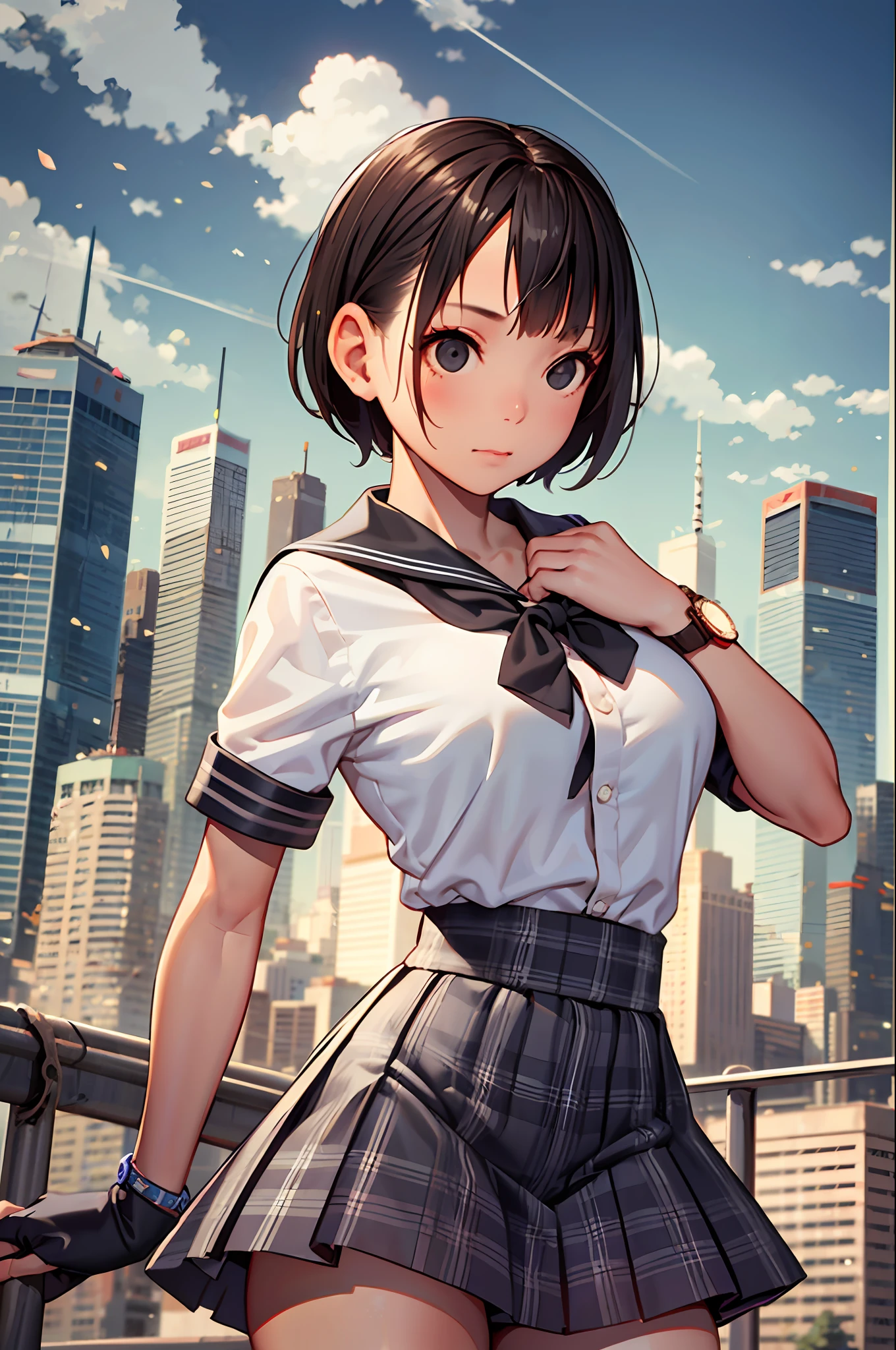 A masterpice、最好质量、babes、A schoolgirl、Black Eyes、student clothes、Black Shorthair、ridicule_Face、shinny skin、giant breast、Nice leg line:1.3、thick-thighs、big breasts thin waist、chokers、Cityscape、watch audience、Whole human body