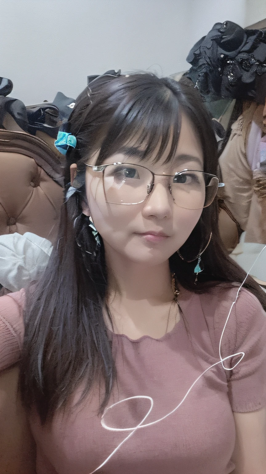 There was a woman with glasses sitting on a sofa,Wears a white half-covered mask,chiho, With glasses, eye glass, wears glasses, very very low quality, low quality photo, Yoshitomo Nara, Without glasses, dang my linh, low quality, Girl with glasses, very low quality, inspirado por Kim Jeong-hui